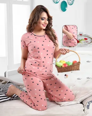 Ladies Cotton Printed Pink Nightsuit Top Pyjama Sets Nightwear