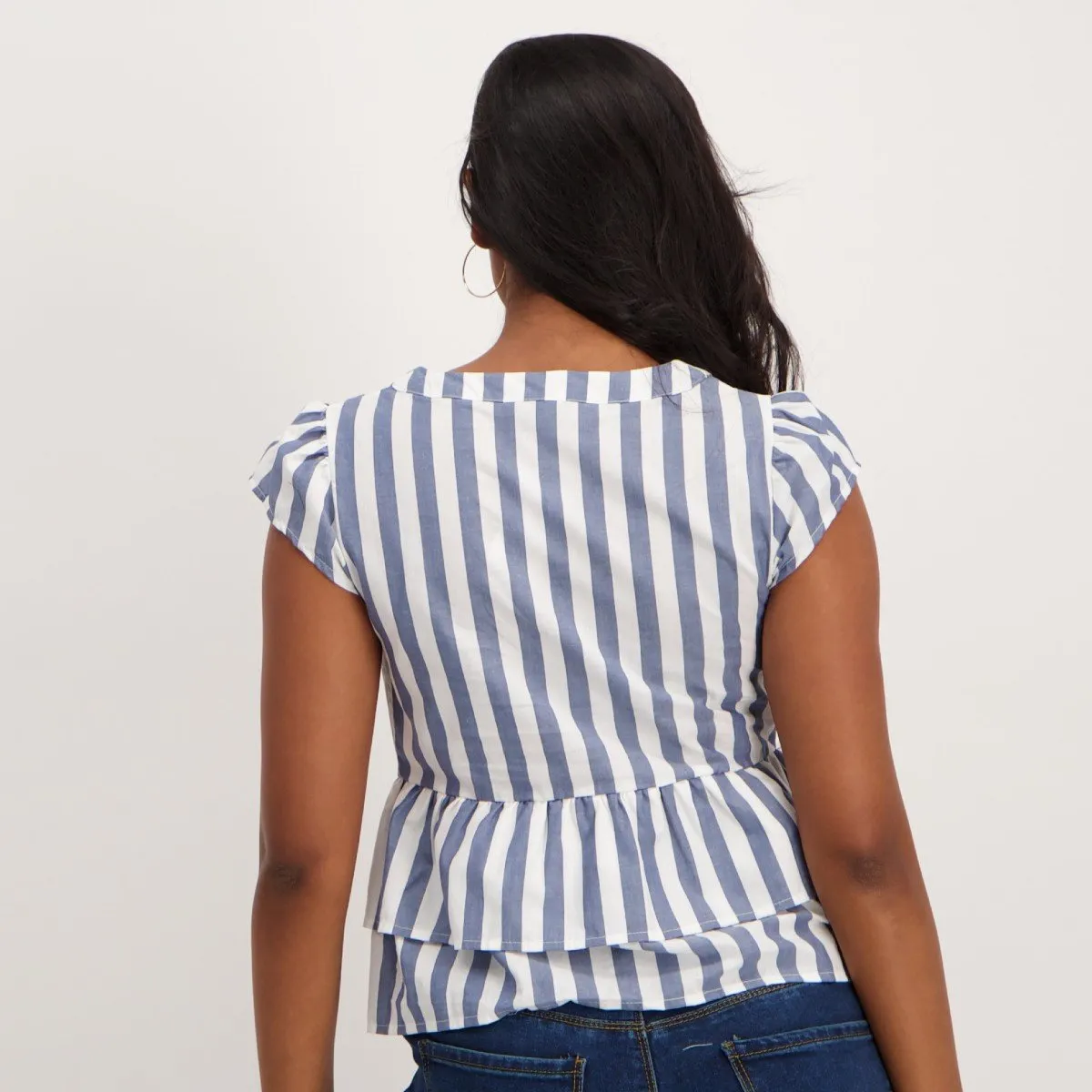 Ladies Doubel Peplum Striped Shirt - White/Blue
