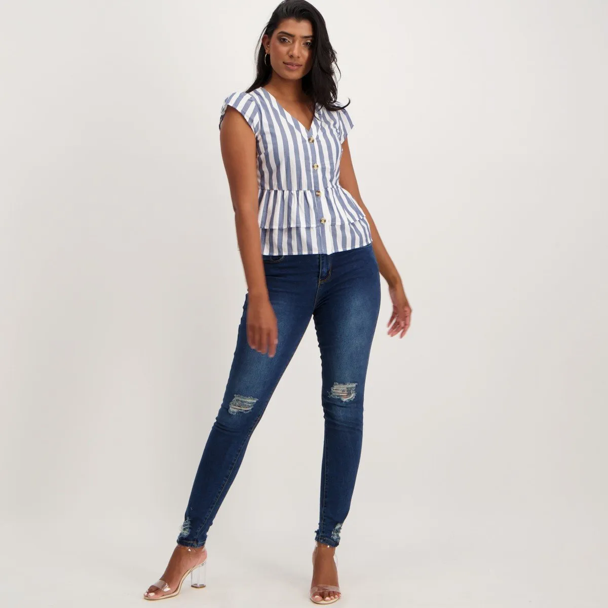 Ladies Doubel Peplum Striped Shirt - White/Blue