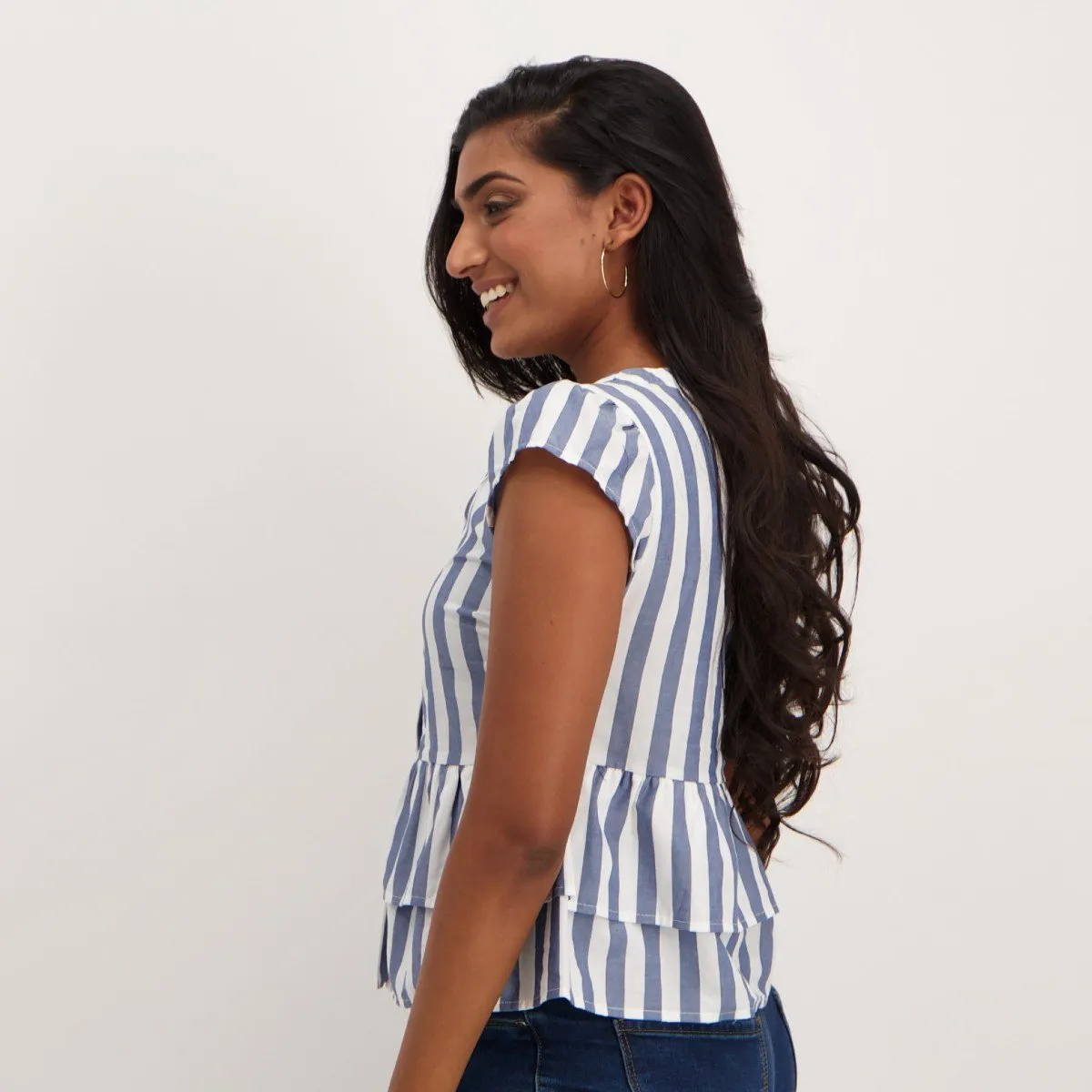 Ladies Doubel Peplum Striped Shirt - White/Blue