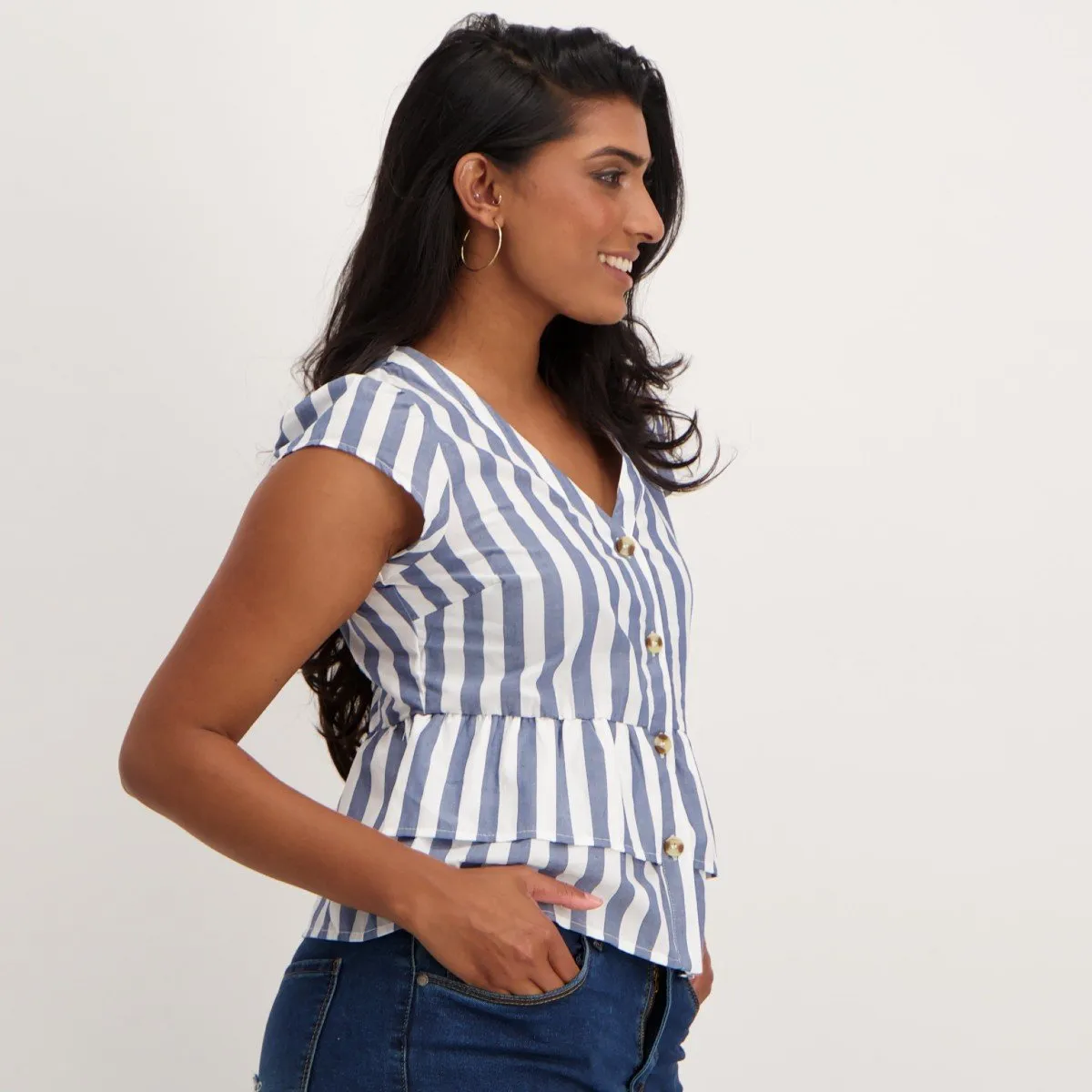 Ladies Doubel Peplum Striped Shirt - White/Blue