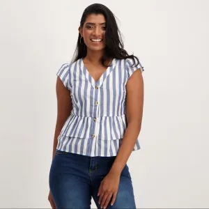 Ladies Doubel Peplum Striped Shirt - White/Blue