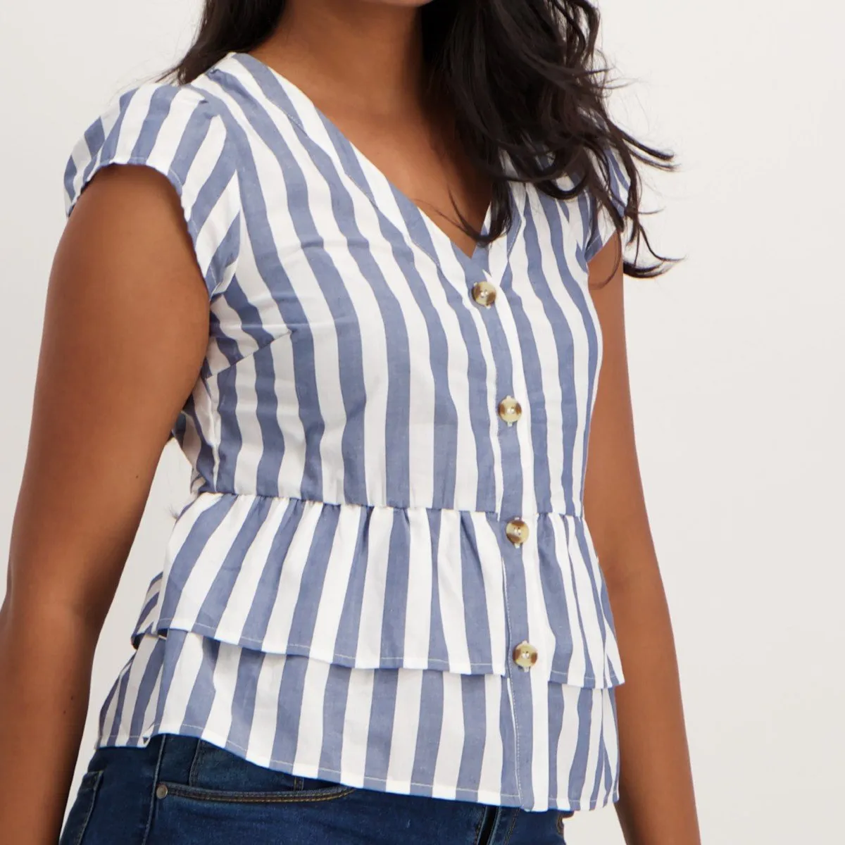 Ladies Doubel Peplum Striped Shirt - White/Blue