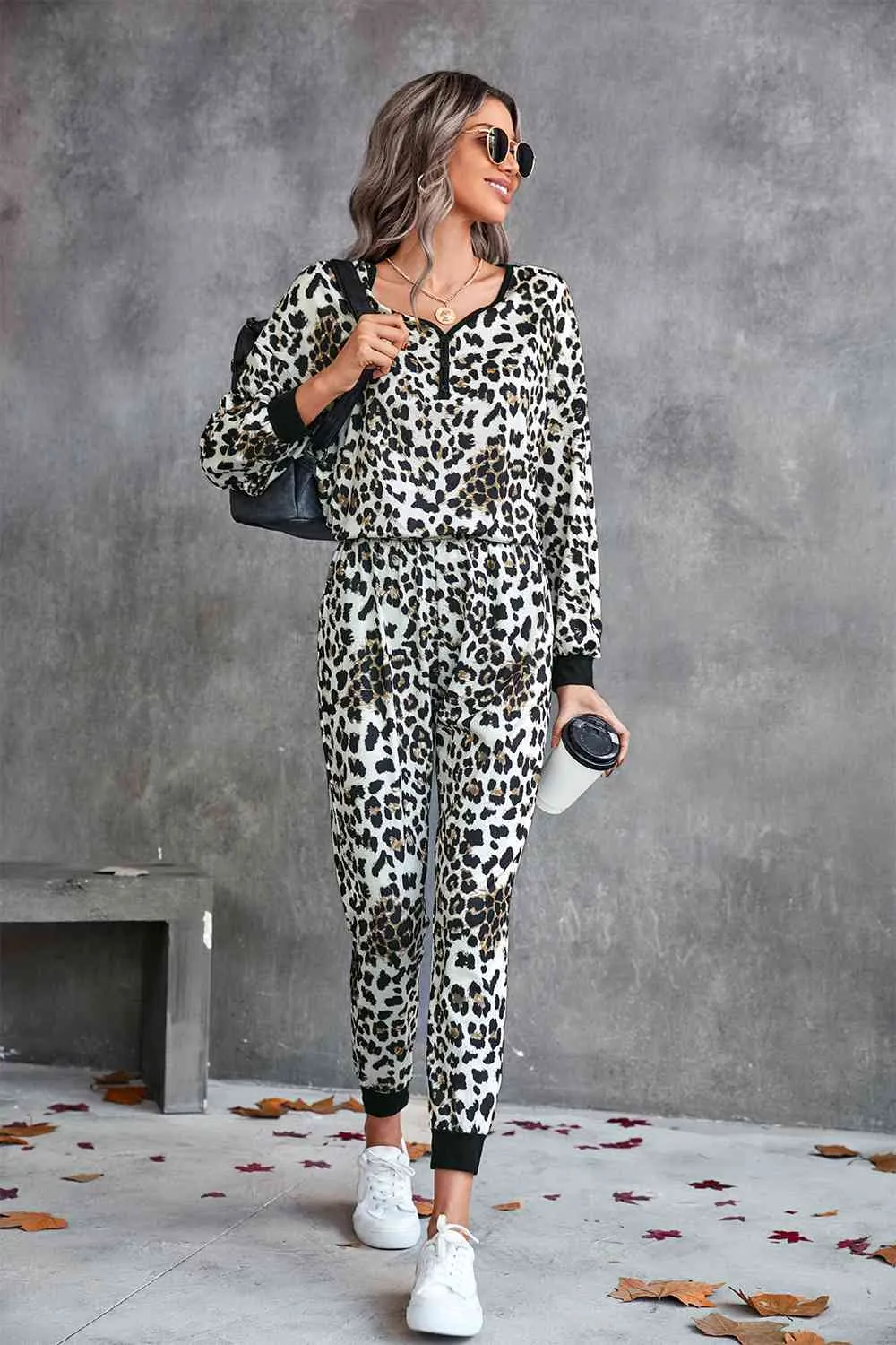 Leopard Print V-Neck Loungewear Set