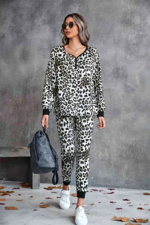 Leopard Print V-Neck Loungewear Set