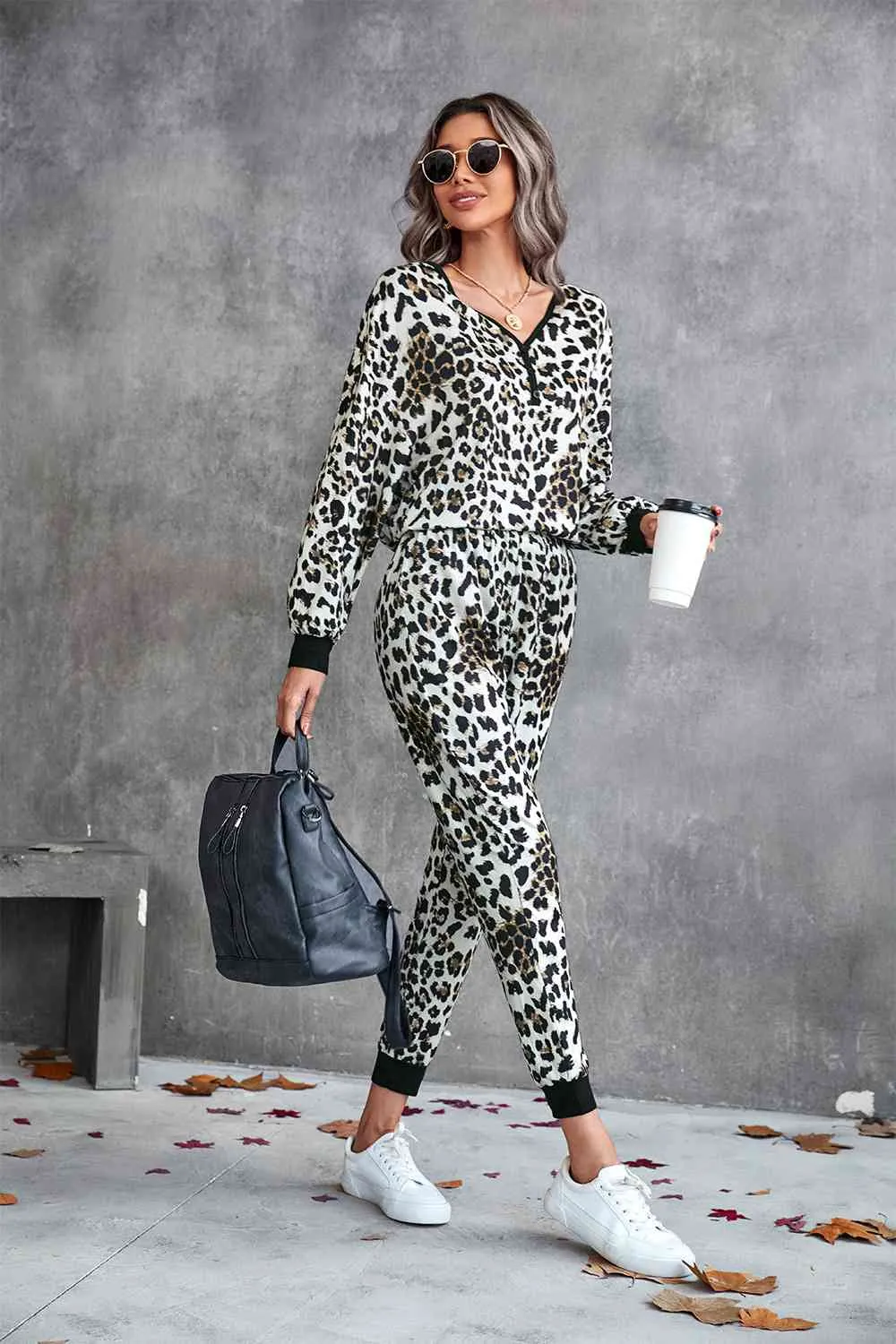 Leopard Print V-Neck Loungewear Set