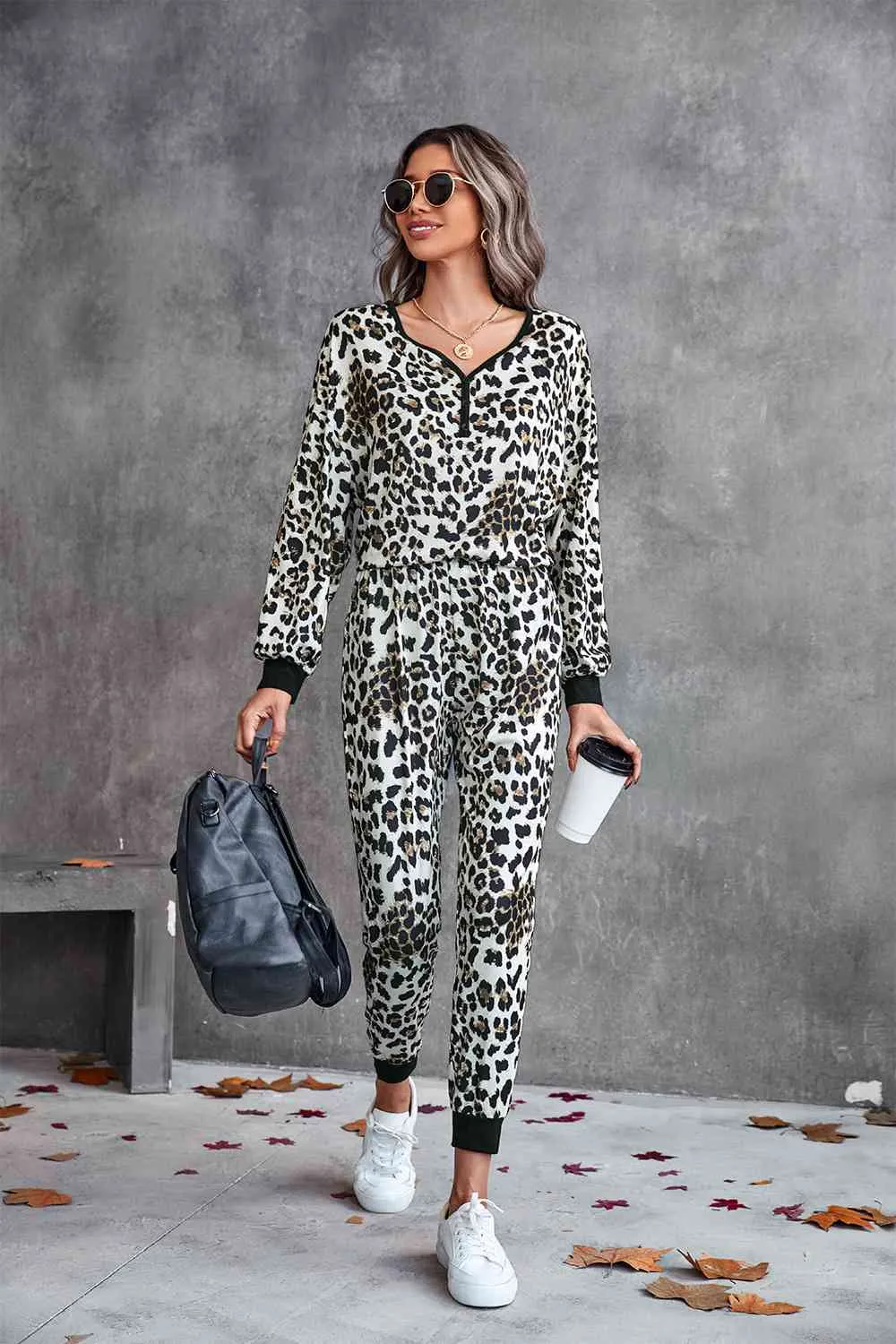 Leopard Print V-Neck Loungewear Set