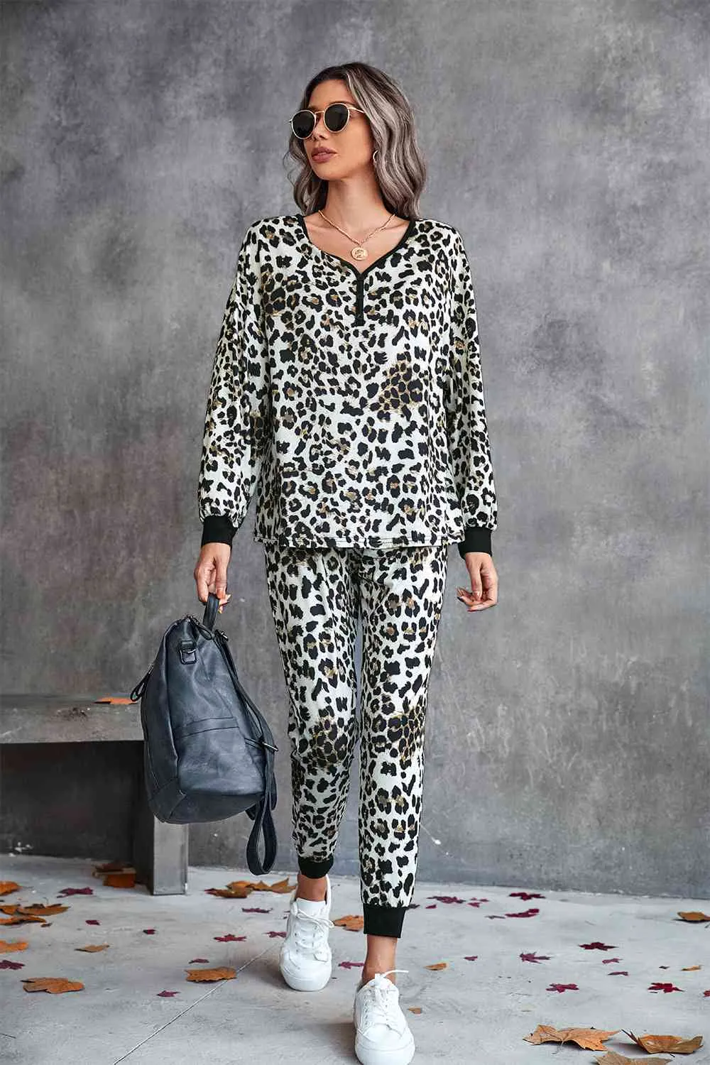 Leopard Print V-Neck Loungewear Set