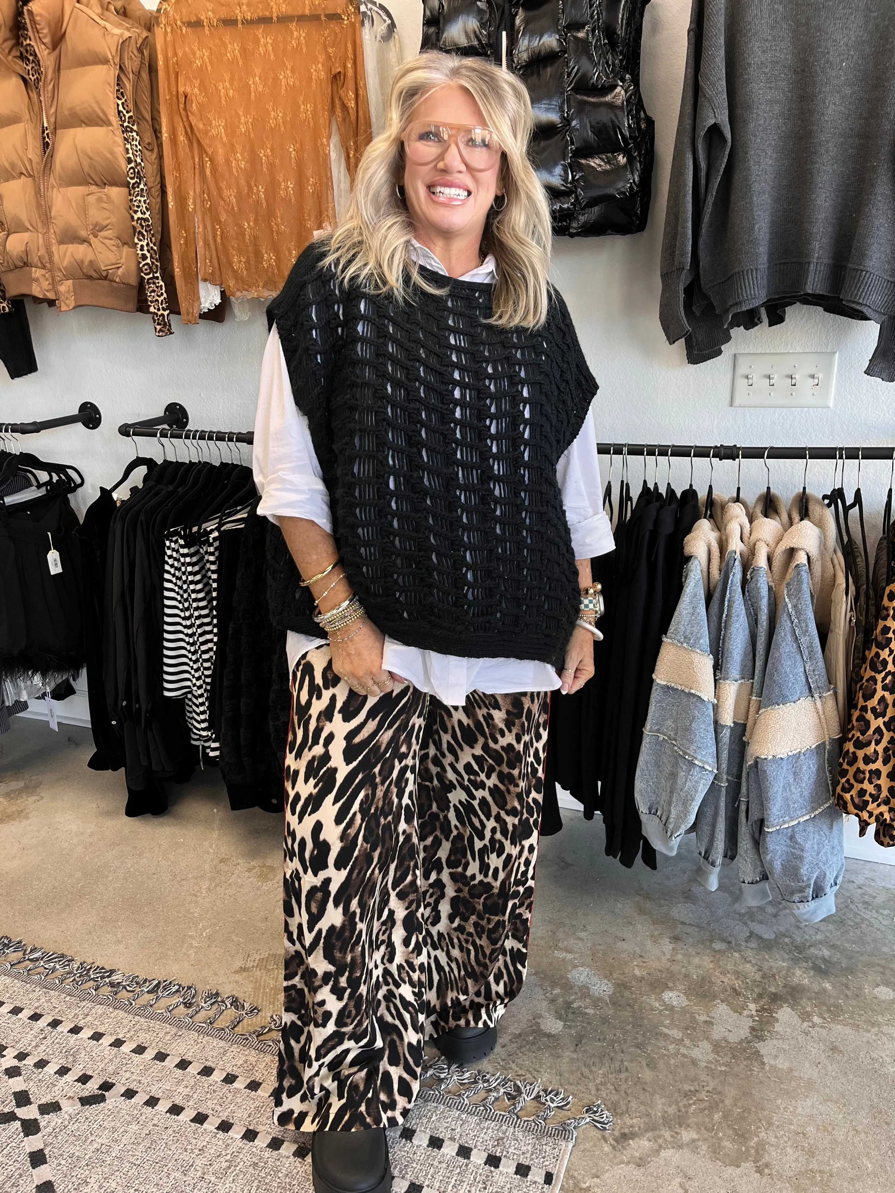 Leopard Straight Pants with Red Stripe