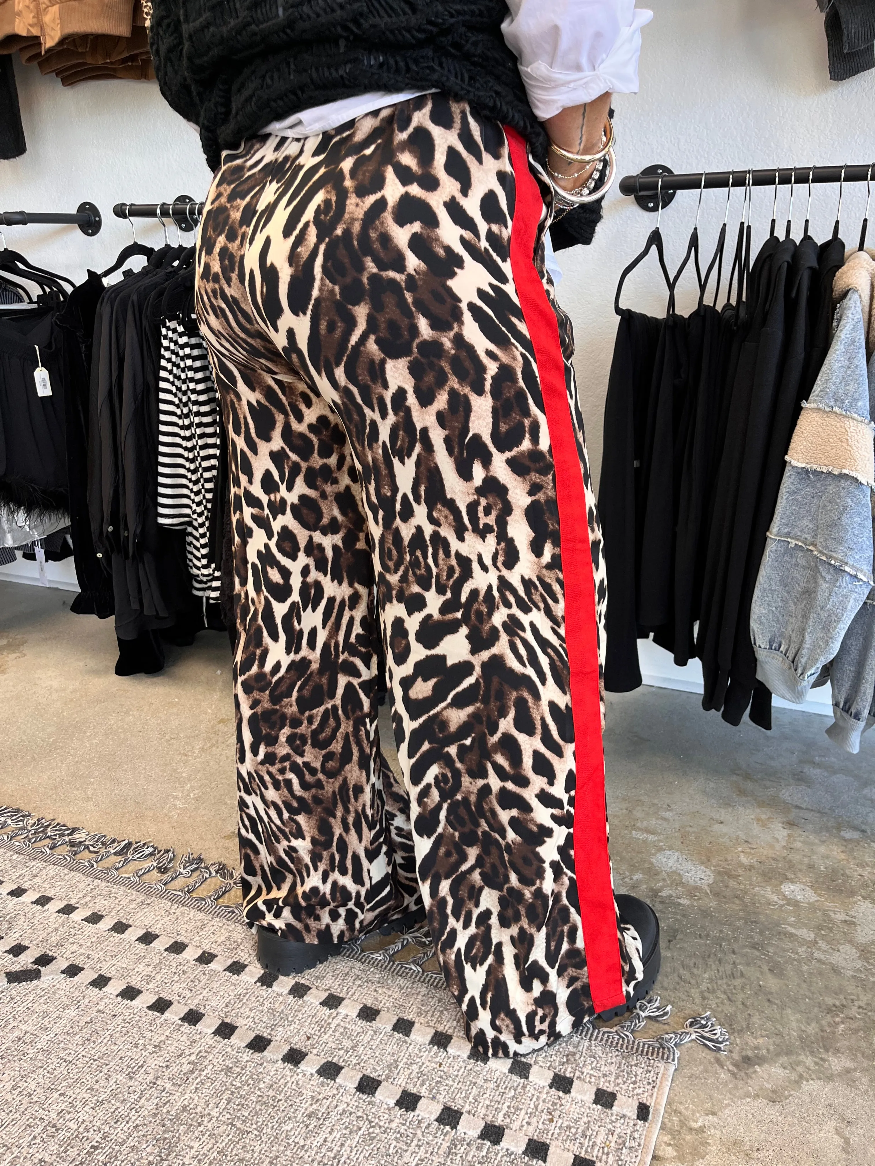 Leopard Straight Pants with Red Stripe