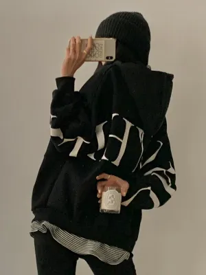 Letter Logo Loose Hoodie - Black