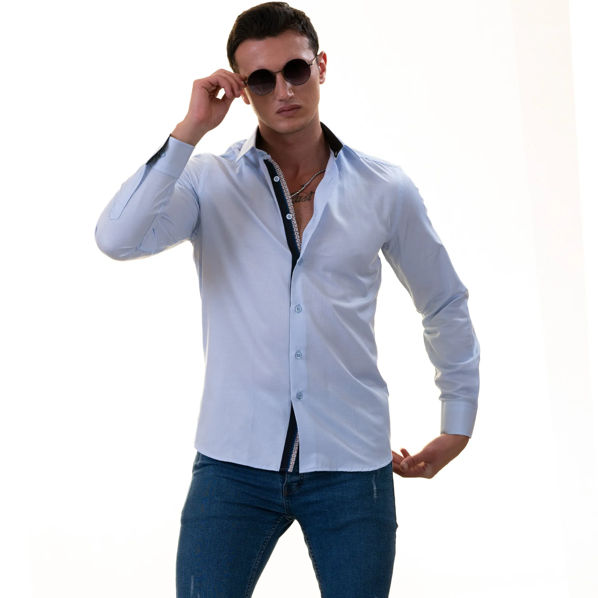 Light Blue with Printed inside Slim Fit Designer Dress Shirt - tailored Cotton Shirts for Work