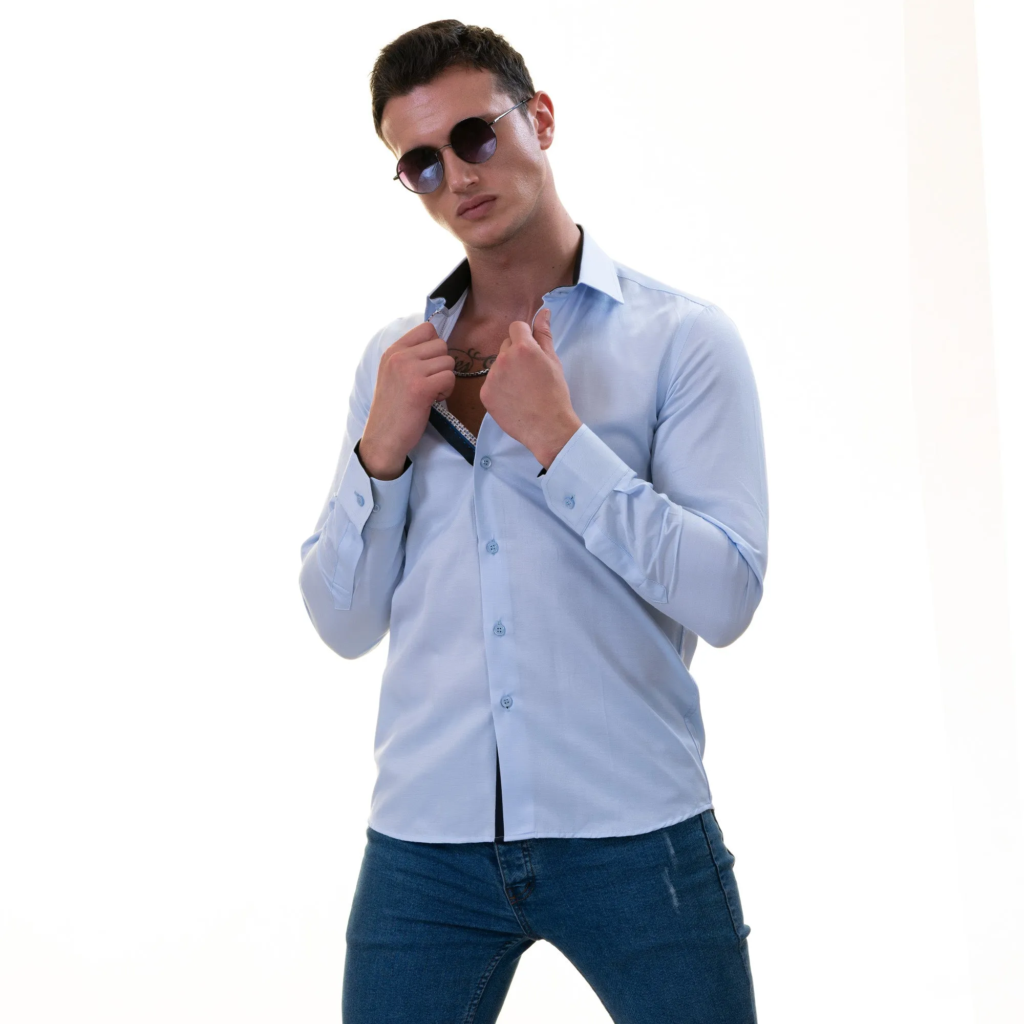 Light Blue with Printed inside Slim Fit Designer Dress Shirt - tailored Cotton Shirts for Work