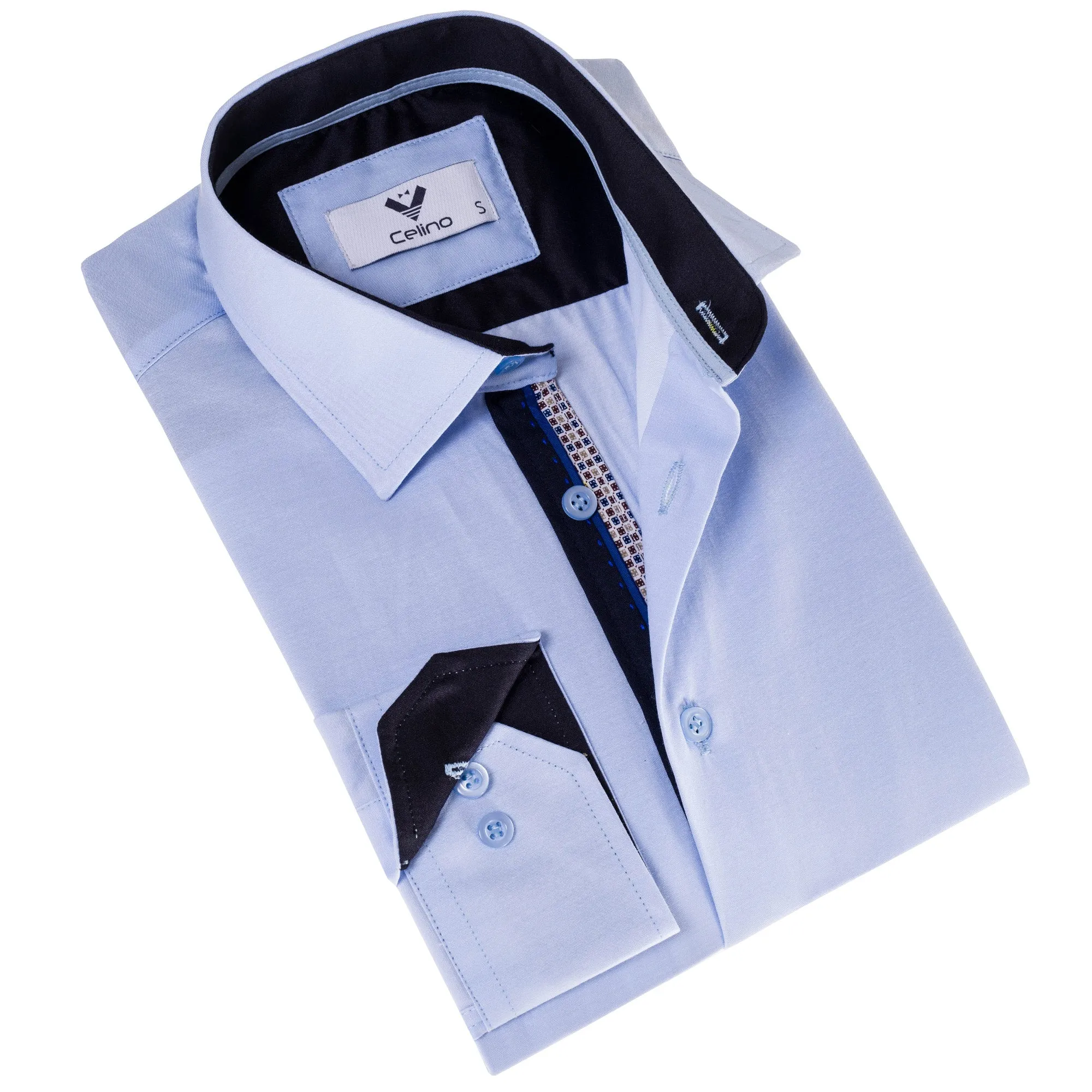 Light Blue with Printed inside Slim Fit Designer Dress Shirt - tailored Cotton Shirts for Work
