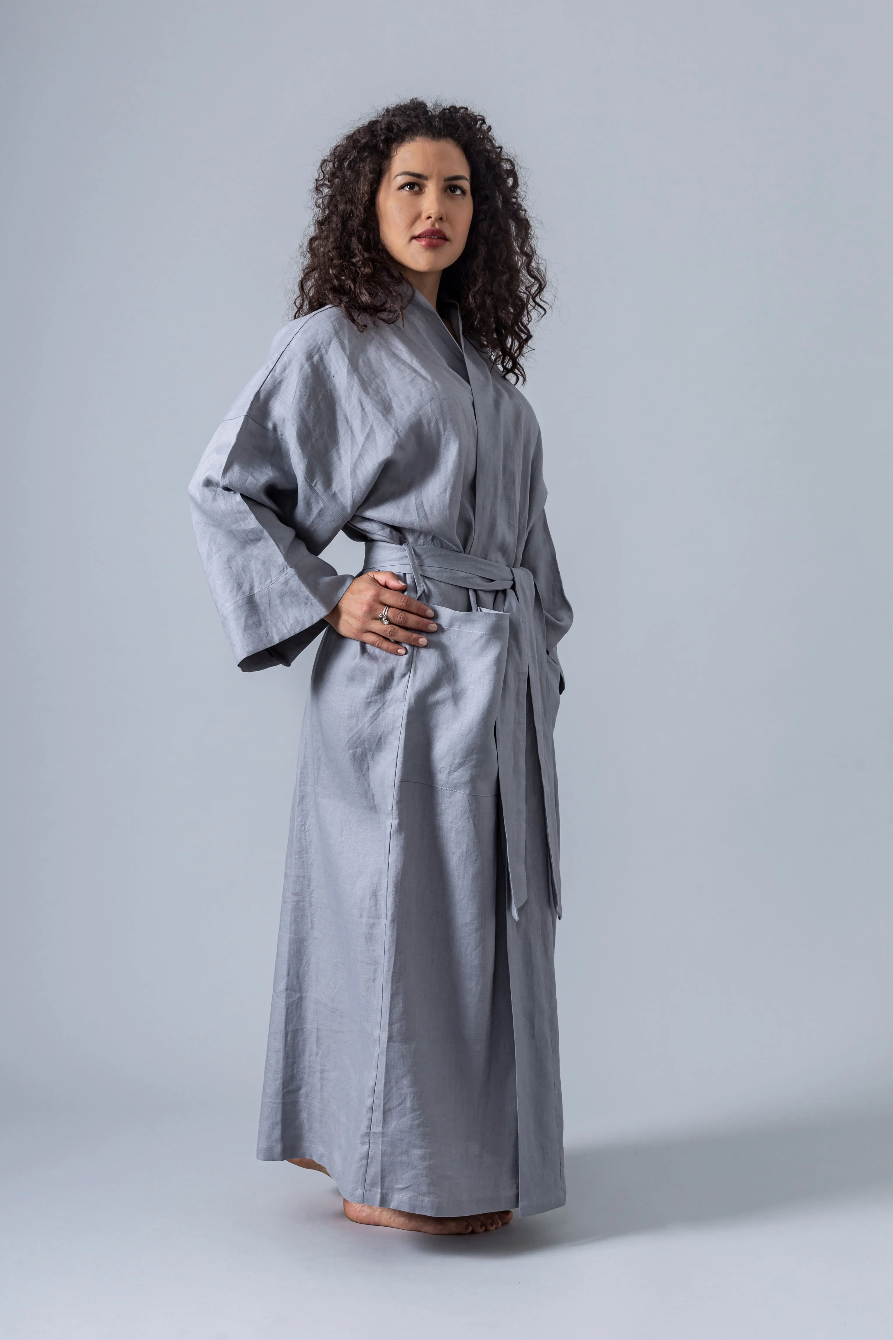 Linen Kimono Robe - Grey