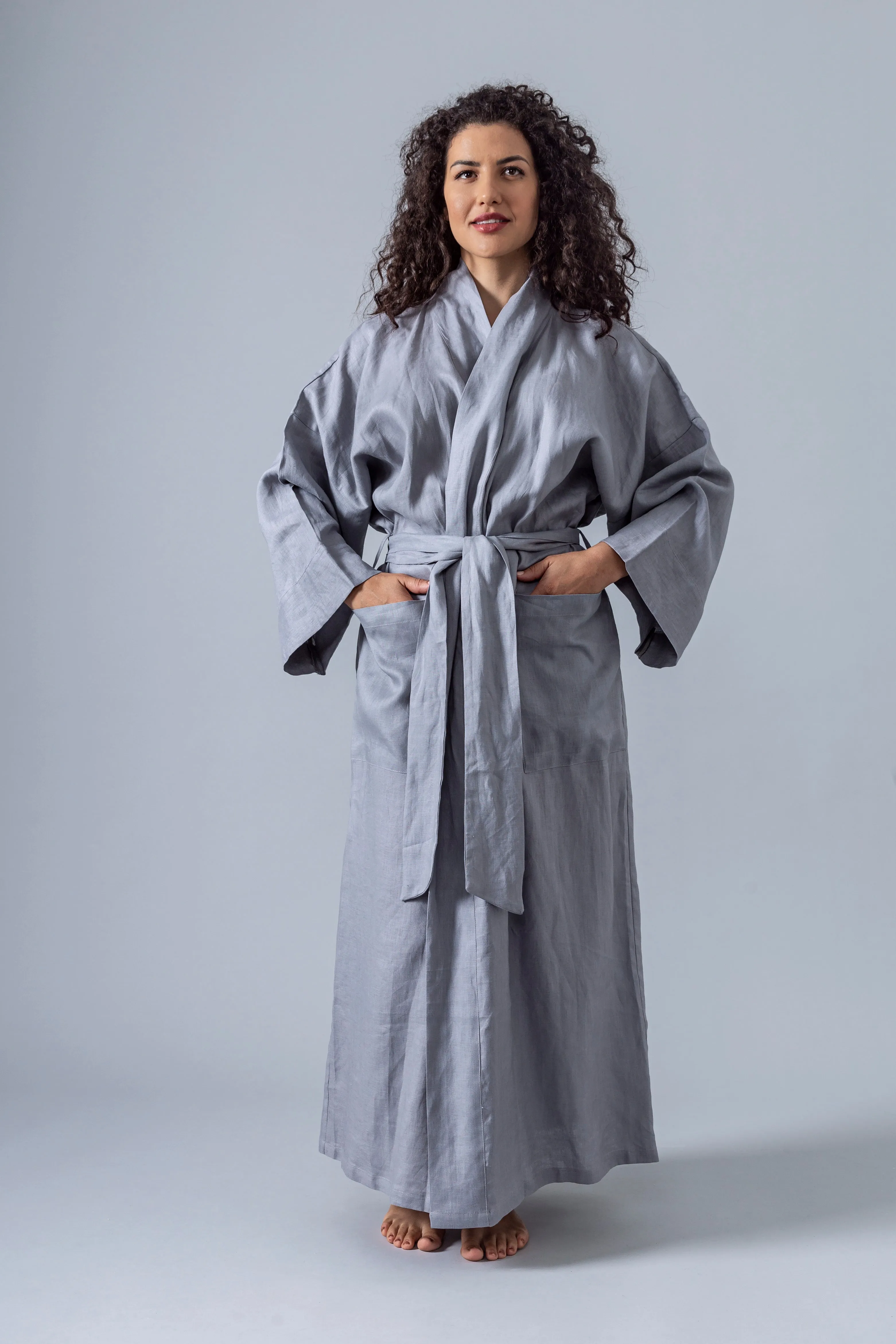 Linen Kimono Robe - Grey