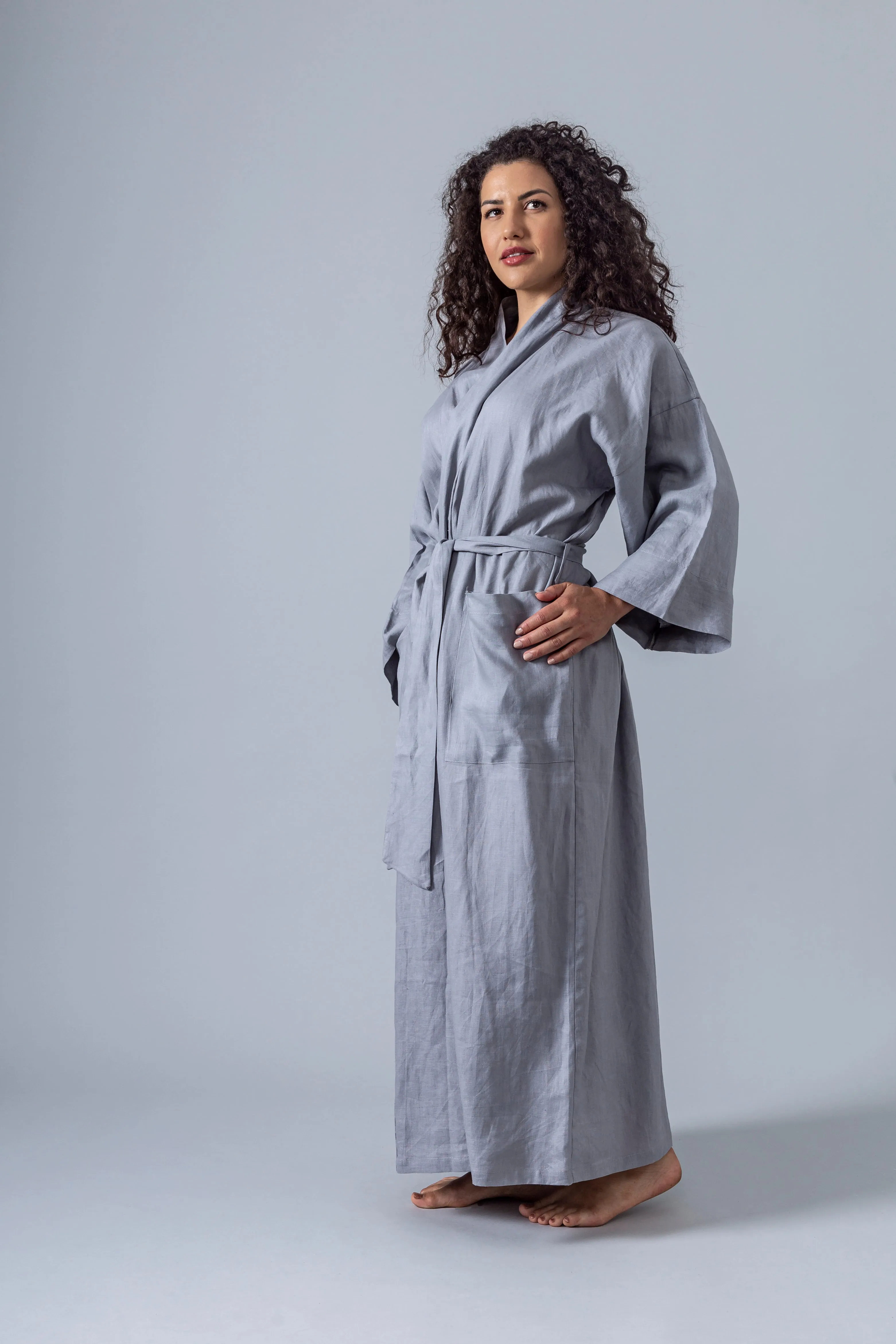 Linen Kimono Robe - Grey