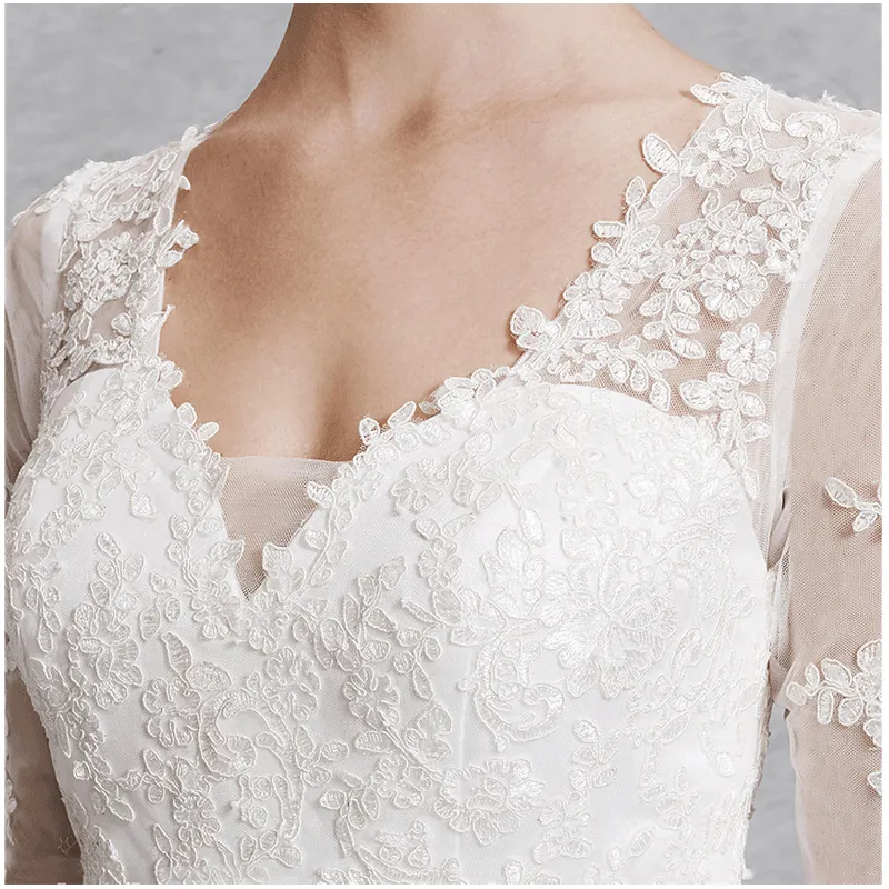 Long Sleeve V Cut Neckline Sheer Lace A-Line Tulle Floor Length Wedding Gown