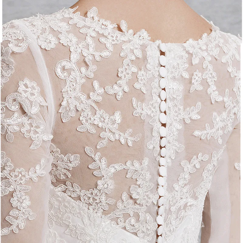 Long Sleeve V Cut Neckline Sheer Lace A-Line Tulle Floor Length Wedding Gown