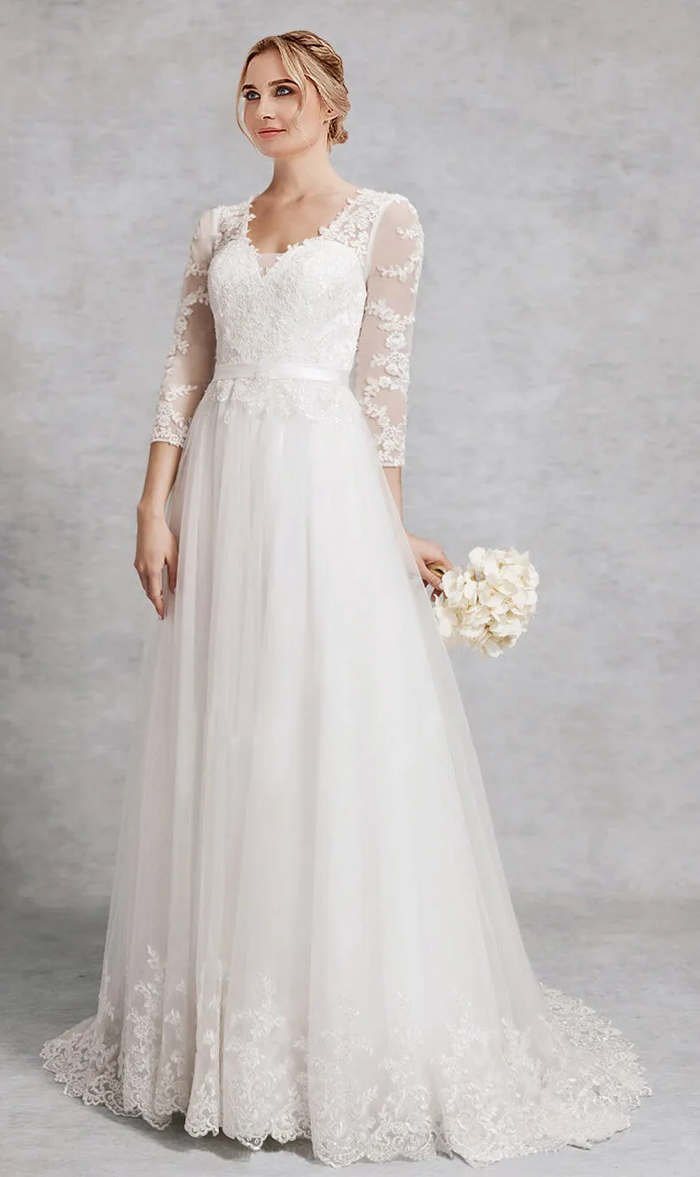 Long Sleeve V Cut Neckline Sheer Lace A-Line Tulle Floor Length Wedding Gown