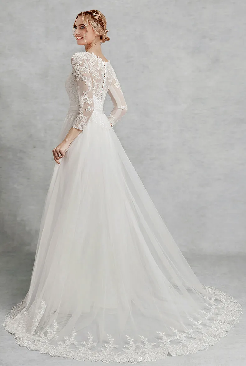 Long Sleeve V Cut Neckline Sheer Lace A-Line Tulle Floor Length Wedding Gown