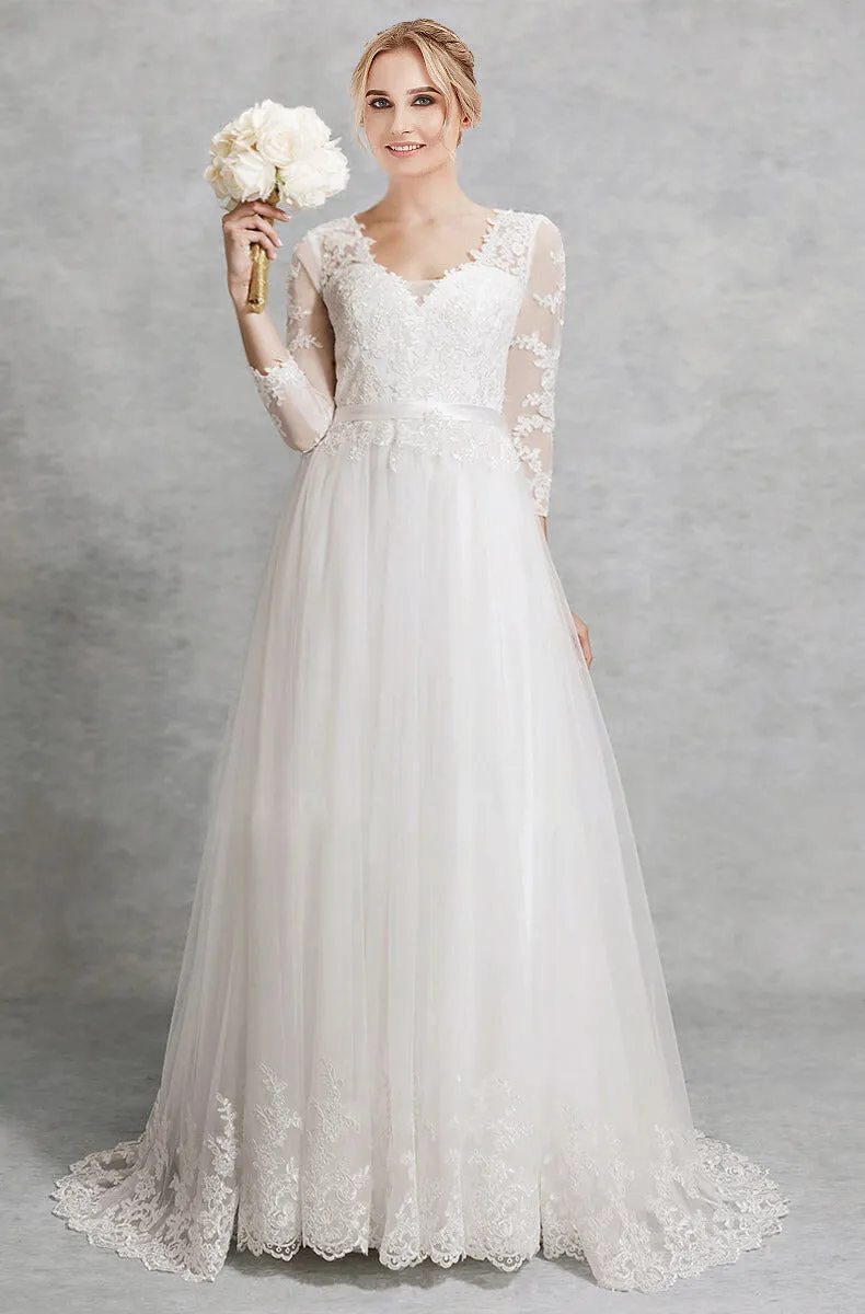 Long Sleeve V Cut Neckline Sheer Lace A-Line Tulle Floor Length Wedding Gown