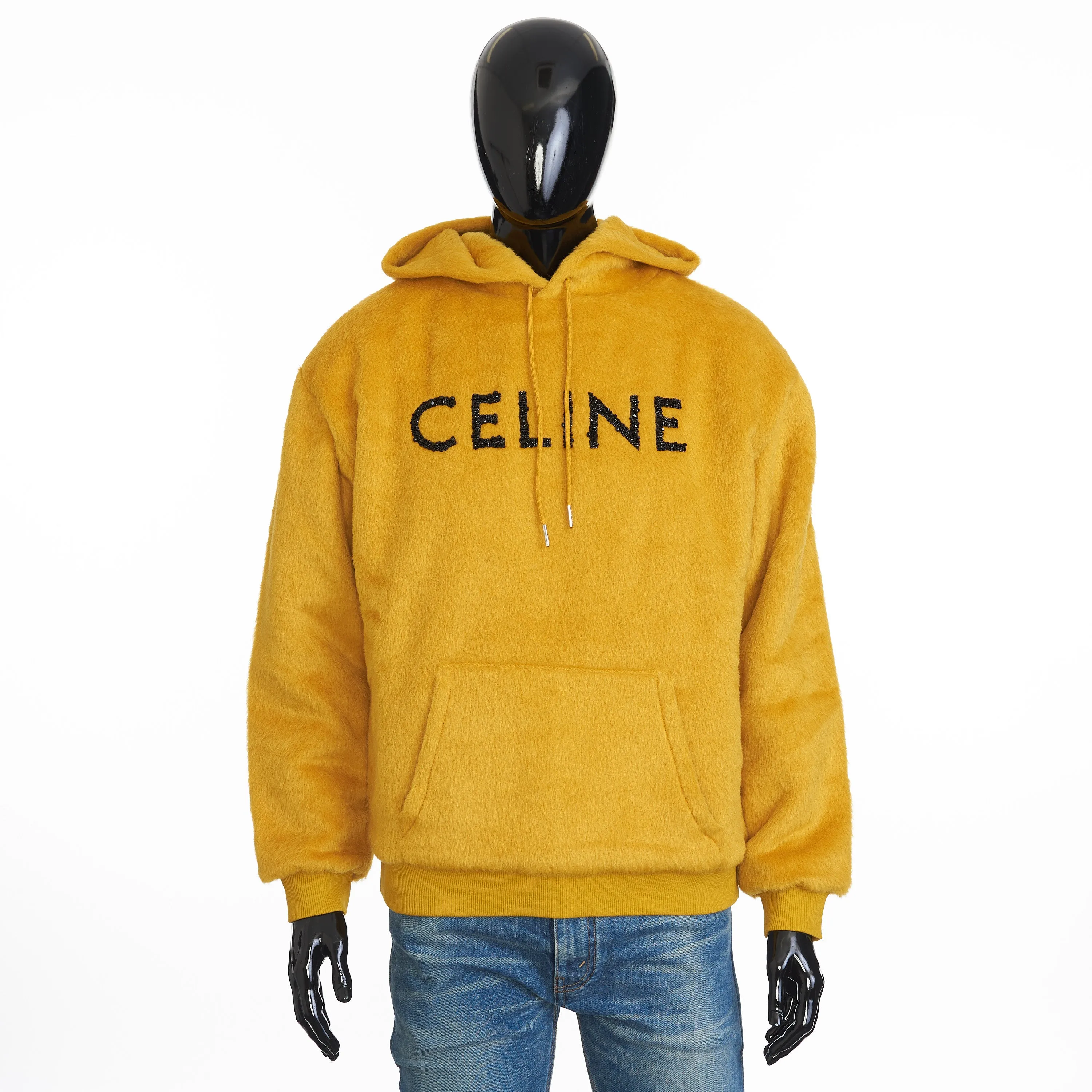 Loose Fit Hoodie In Fuzzy Yellow Wool With Sequined Celine Embroidery