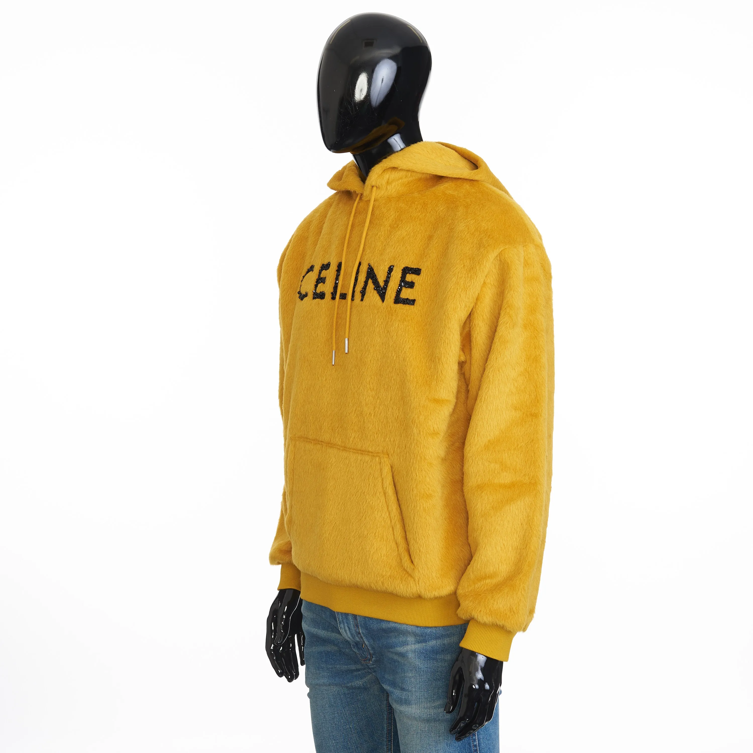Loose Fit Hoodie In Fuzzy Yellow Wool With Sequined Celine Embroidery