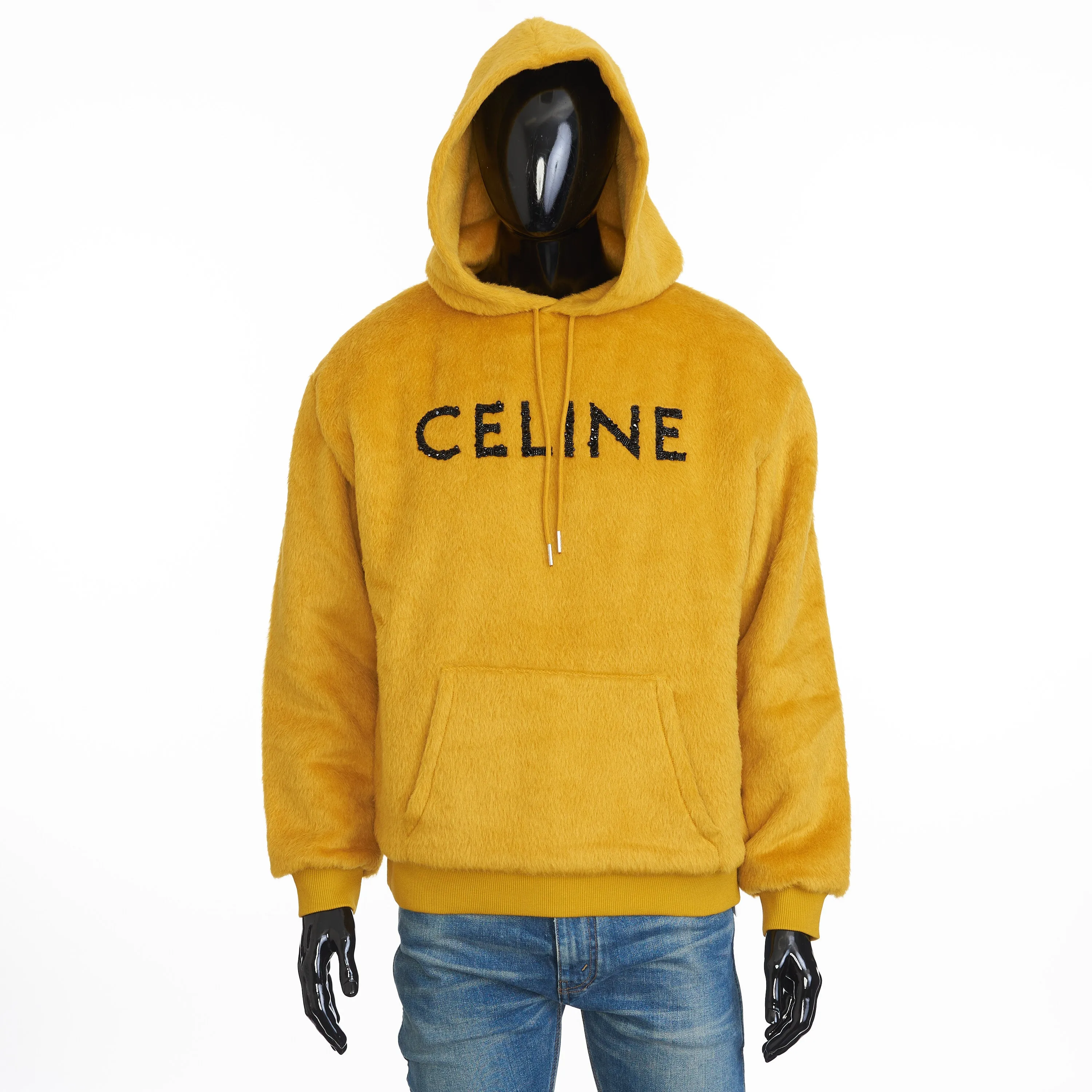 Loose Fit Hoodie In Fuzzy Yellow Wool With Sequined Celine Embroidery