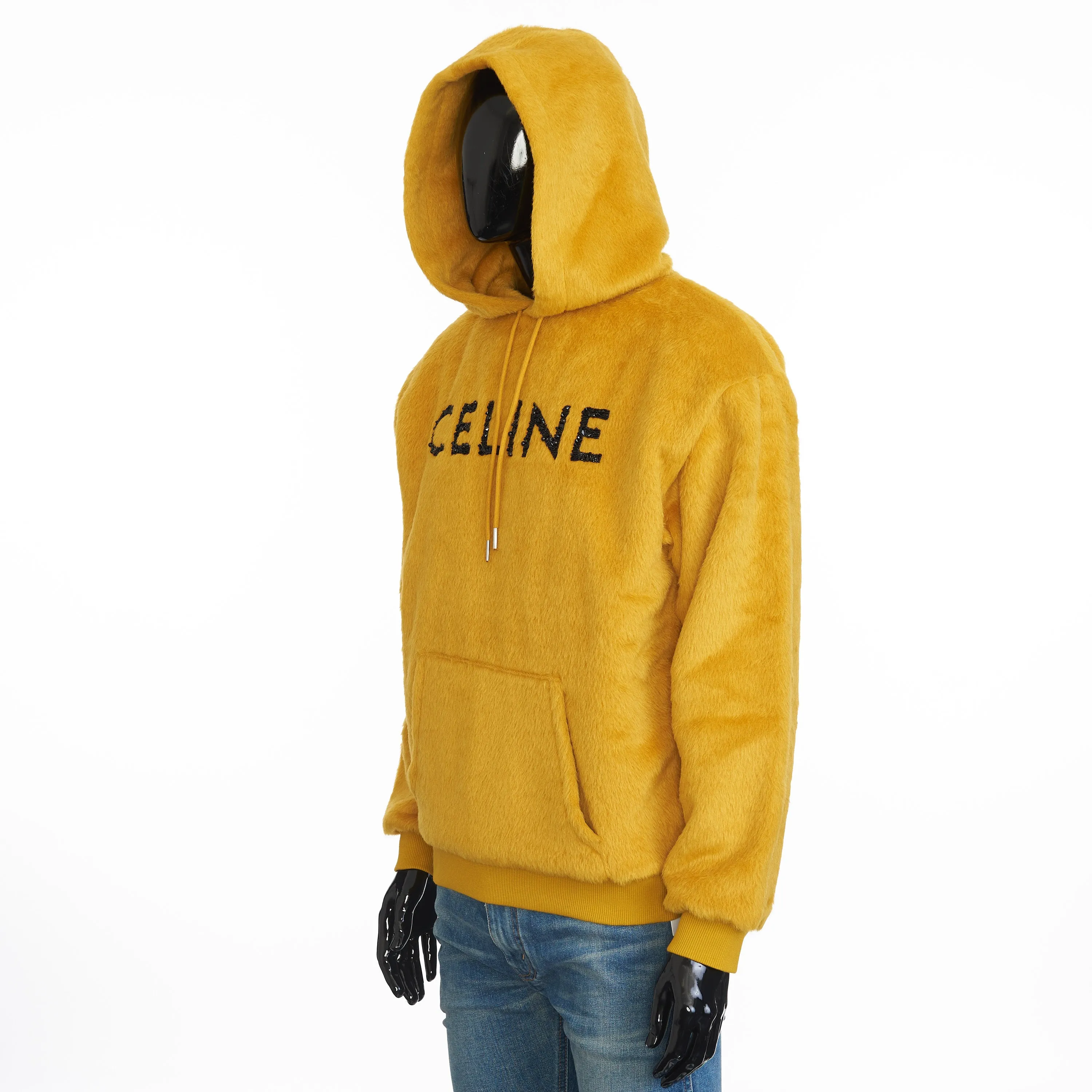 Loose Fit Hoodie In Fuzzy Yellow Wool With Sequined Celine Embroidery