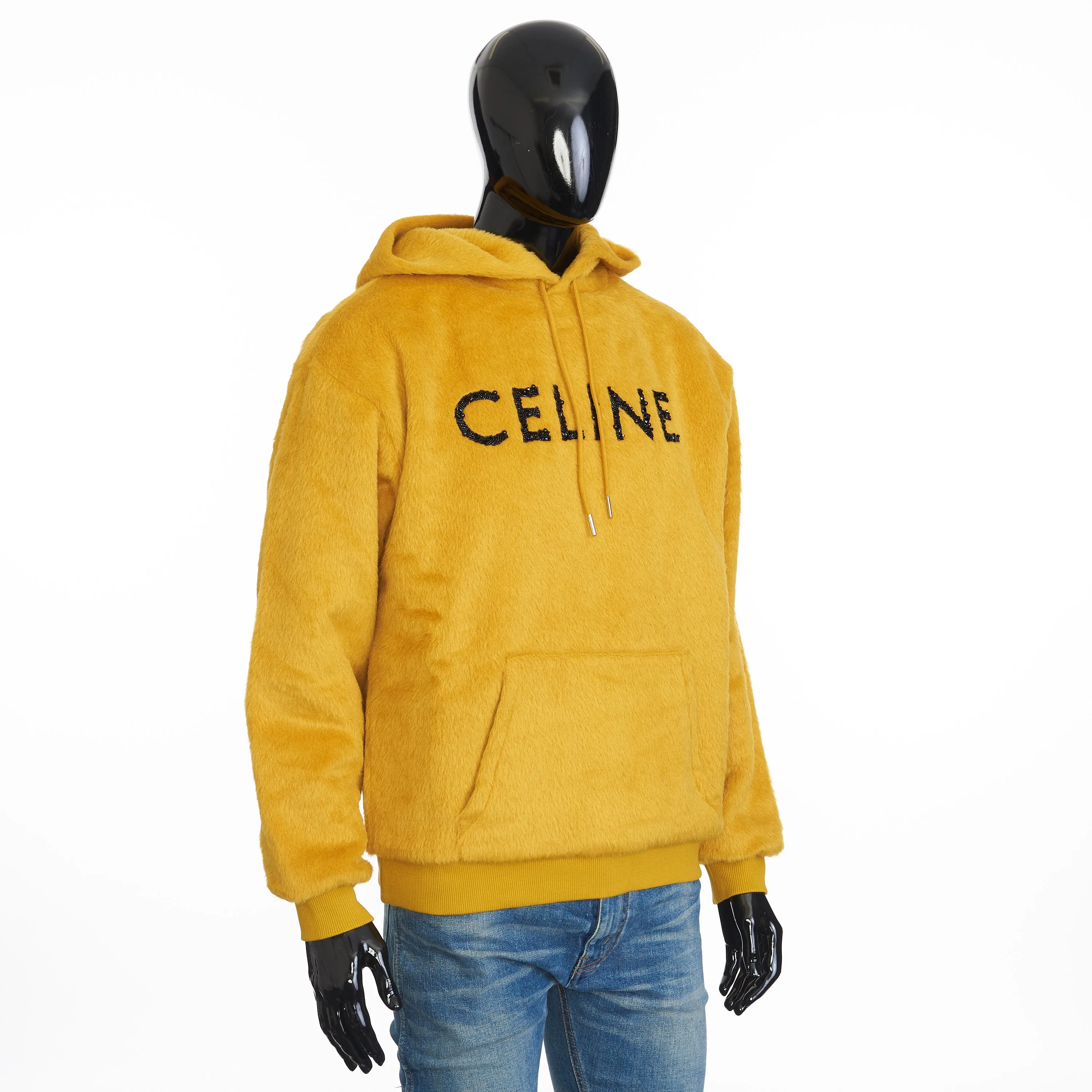 Loose Fit Hoodie In Fuzzy Yellow Wool With Sequined Celine Embroidery