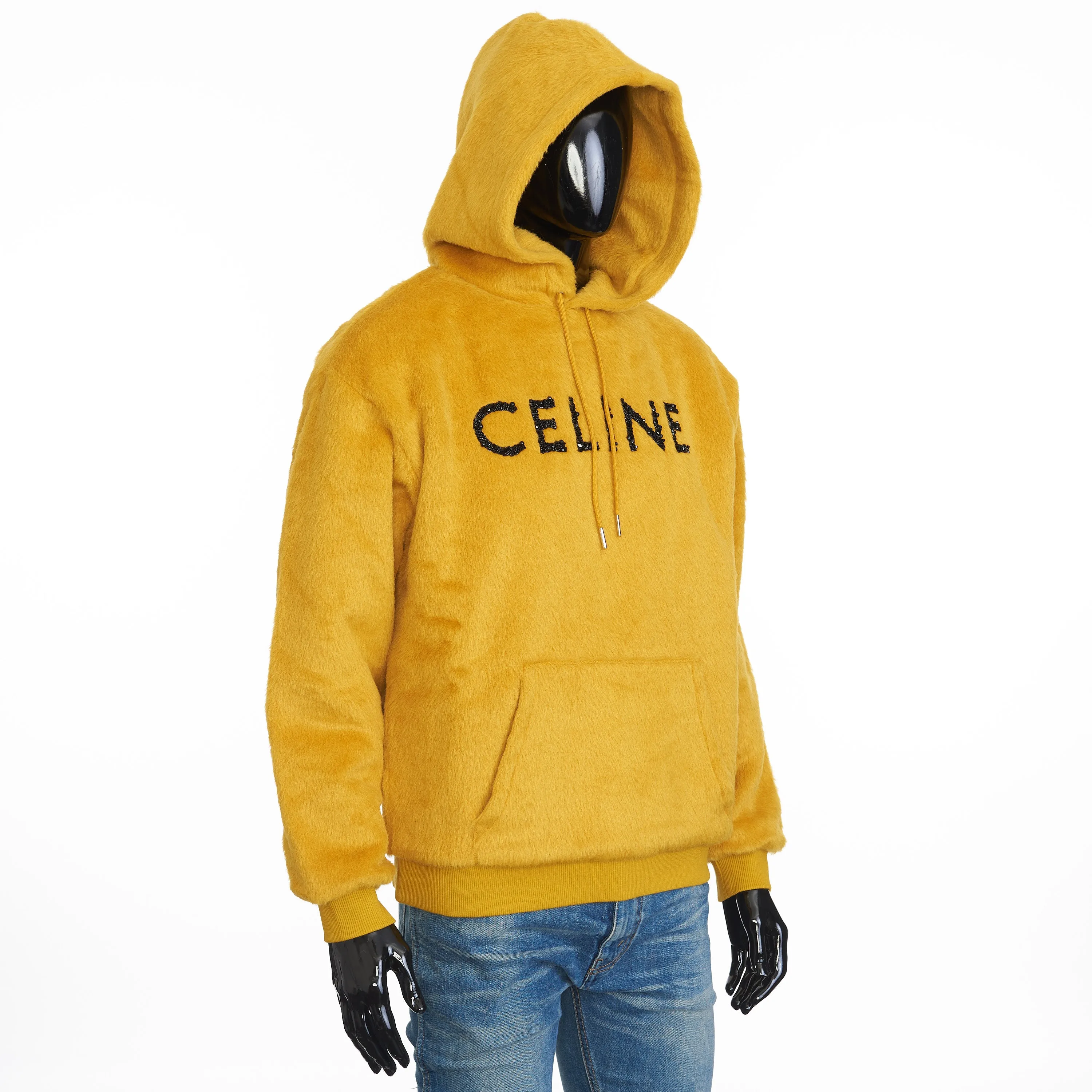 Loose Fit Hoodie In Fuzzy Yellow Wool With Sequined Celine Embroidery