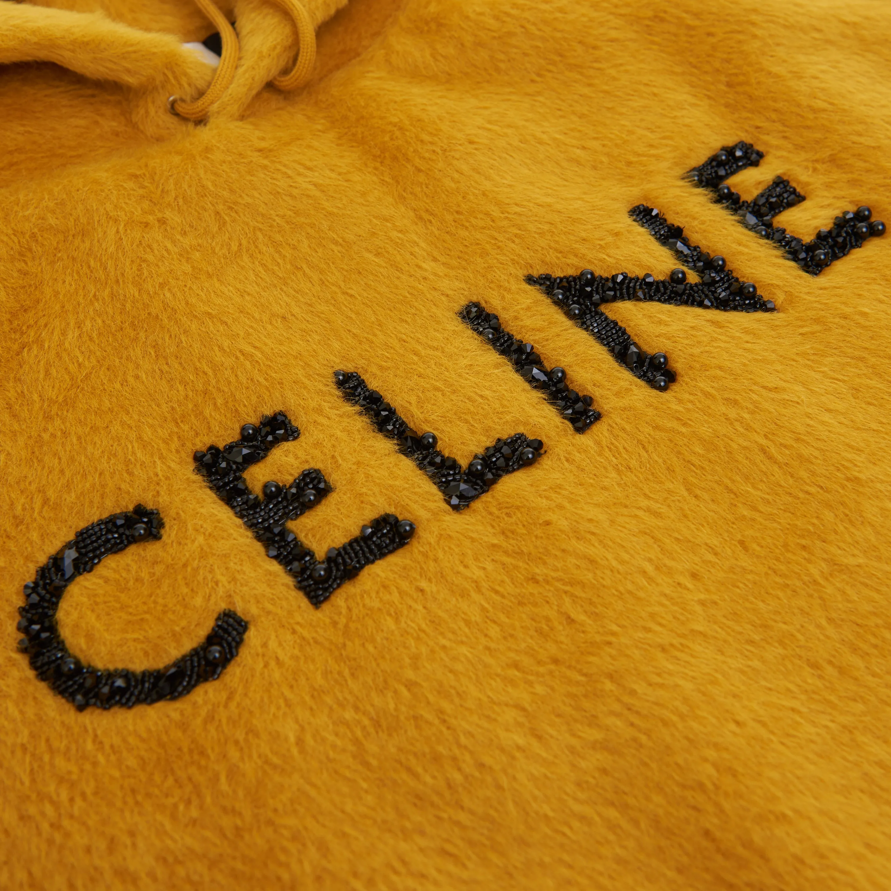 Loose Fit Hoodie In Fuzzy Yellow Wool With Sequined Celine Embroidery