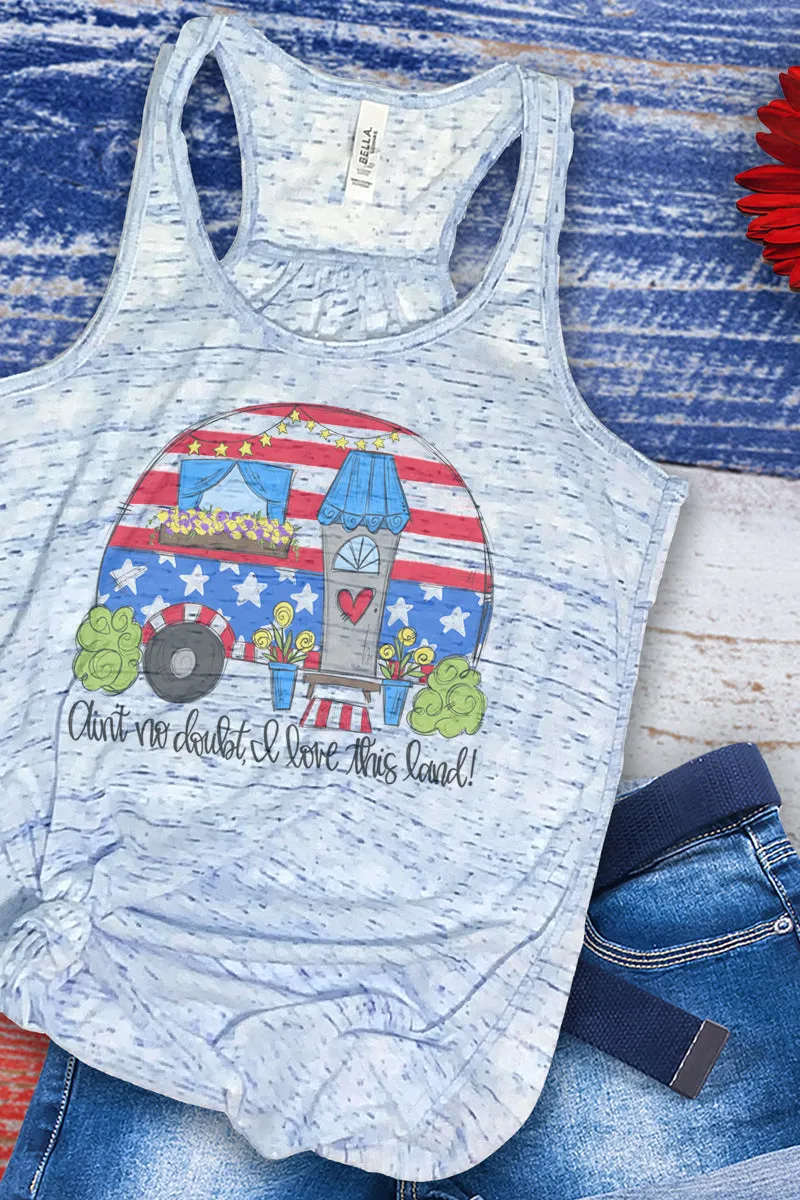 Love This Land Patriotic Camper Flowy Racerback Tank