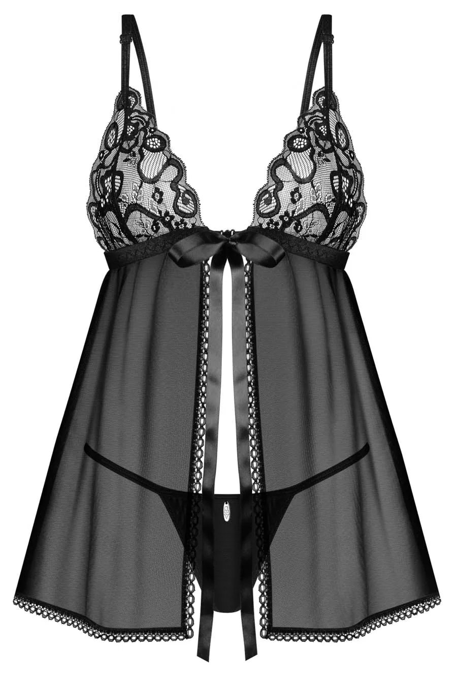 Luxe Sheer Black Open Front Babydoll Set