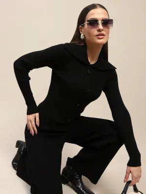 Madame Buttoned Top and Straight Bottoms Black Knitted Coord Set
