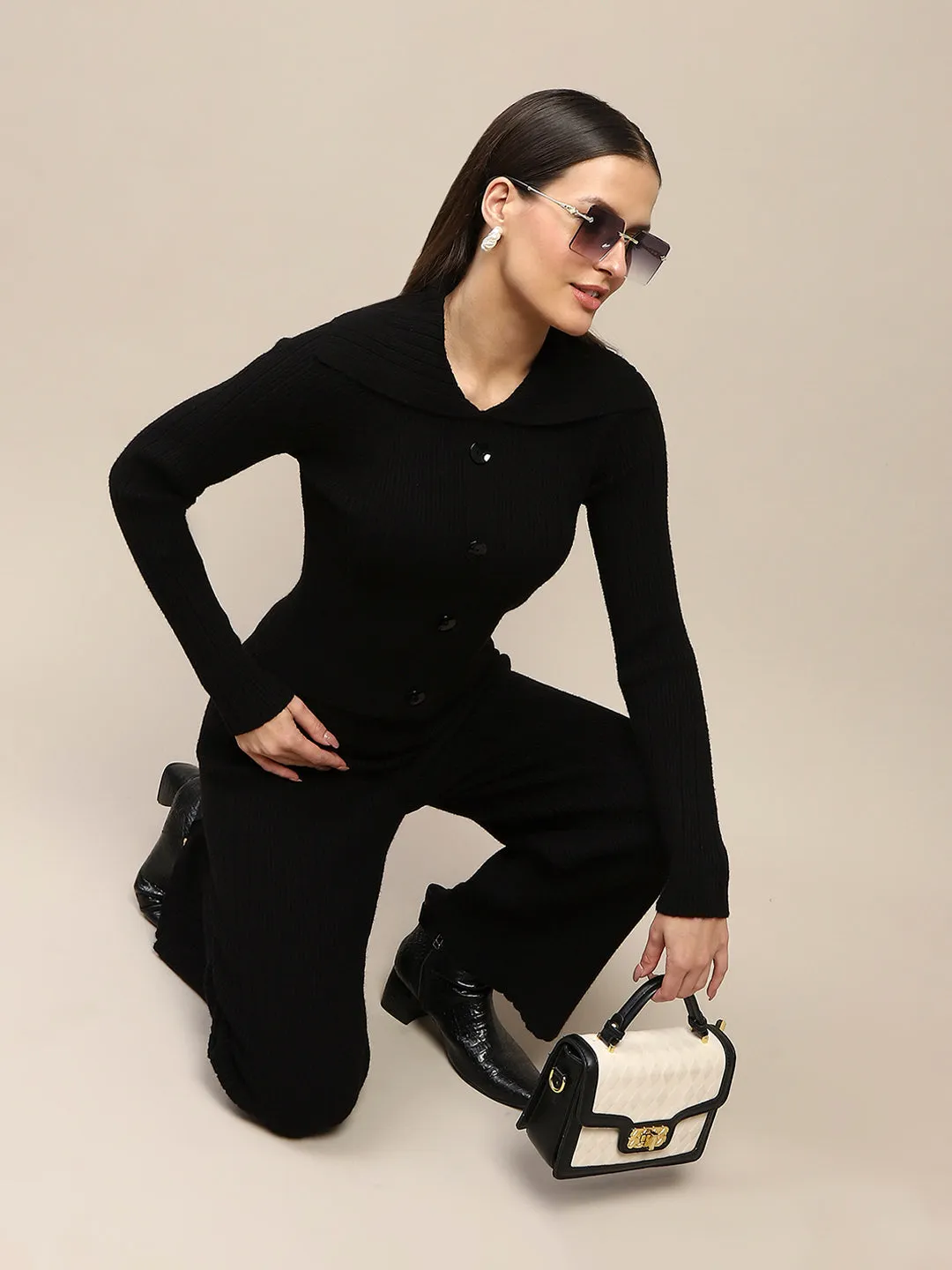 Madame Buttoned Top and Straight Bottoms Black Knitted Coord Set