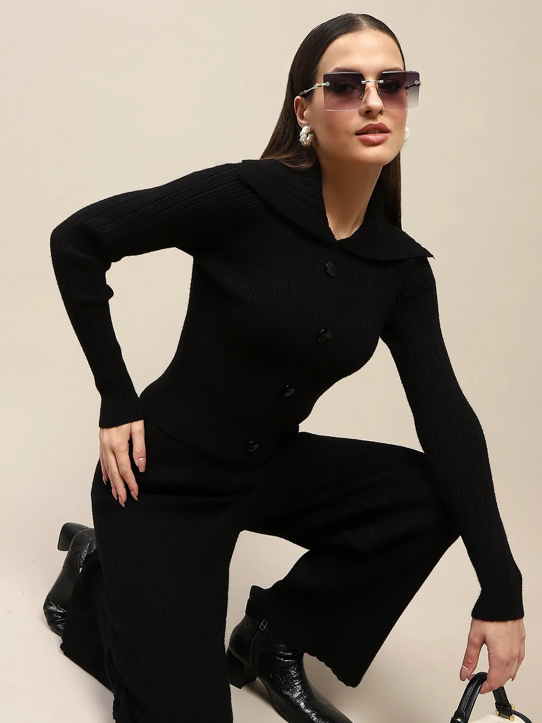 Madame Buttoned Top and Straight Bottoms Black Knitted Coord Set