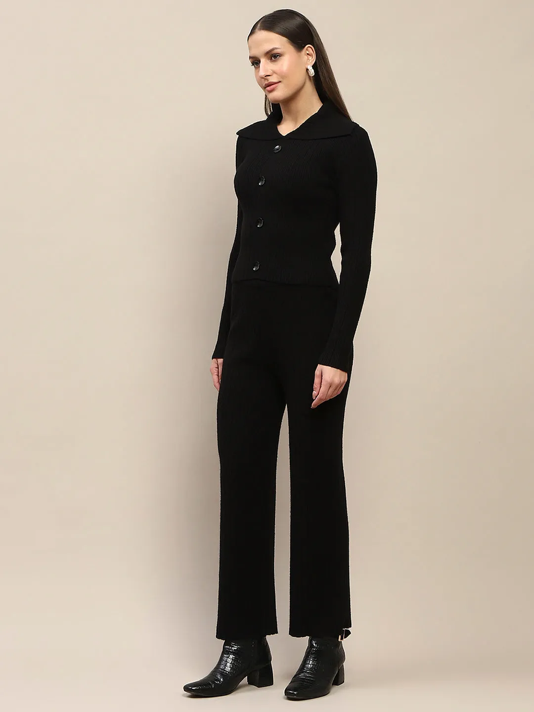 Madame Buttoned Top and Straight Bottoms Black Knitted Coord Set