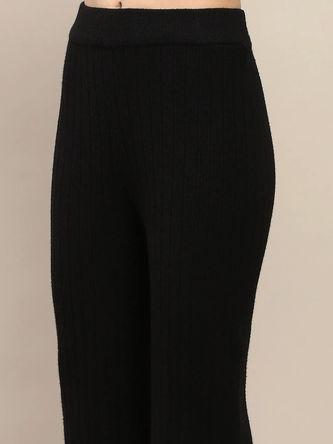 Madame Buttoned Top and Straight Bottoms Black Knitted Coord Set