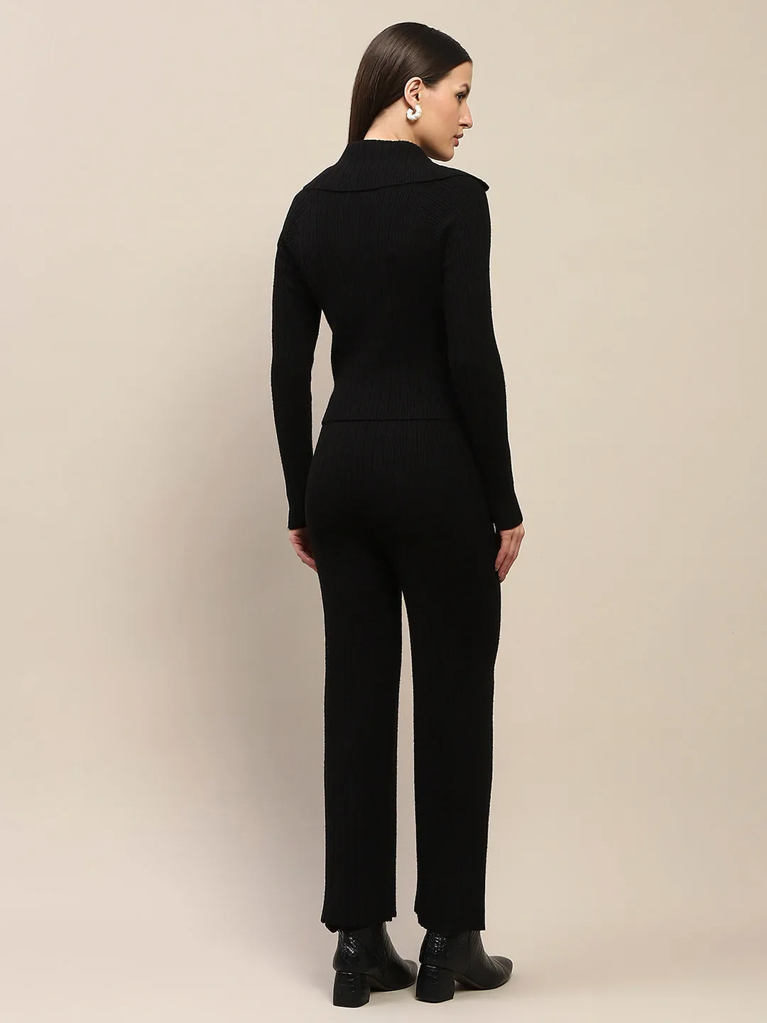 Madame Buttoned Top and Straight Bottoms Black Knitted Coord Set