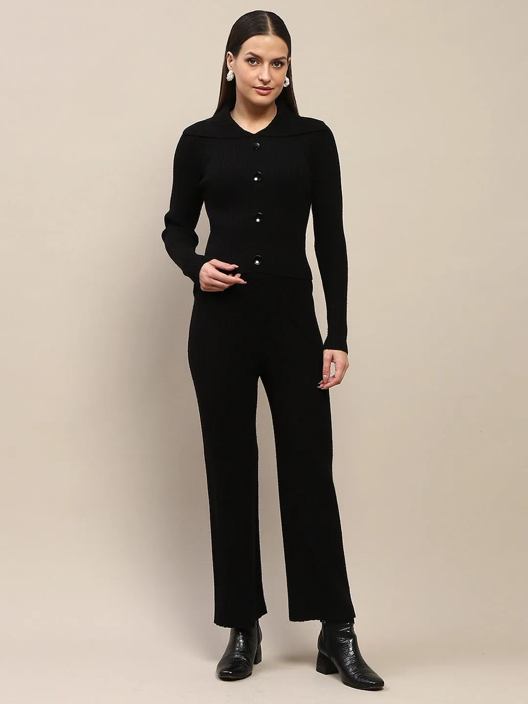 Madame Buttoned Top and Straight Bottoms Black Knitted Coord Set
