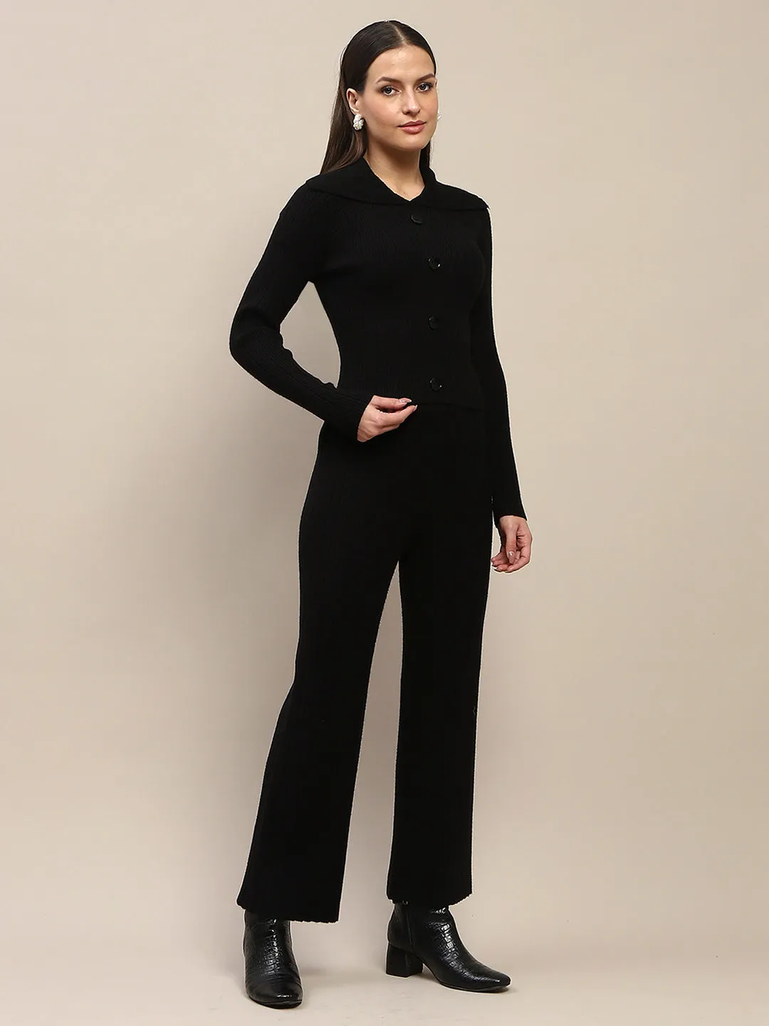Madame Buttoned Top and Straight Bottoms Black Knitted Coord Set