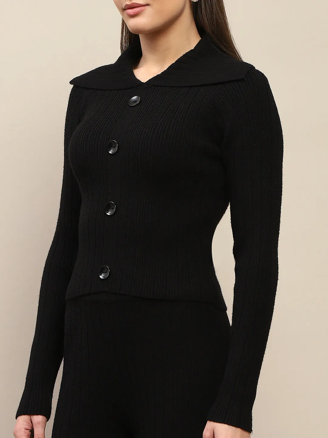 Madame Buttoned Top and Straight Bottoms Black Knitted Coord Set