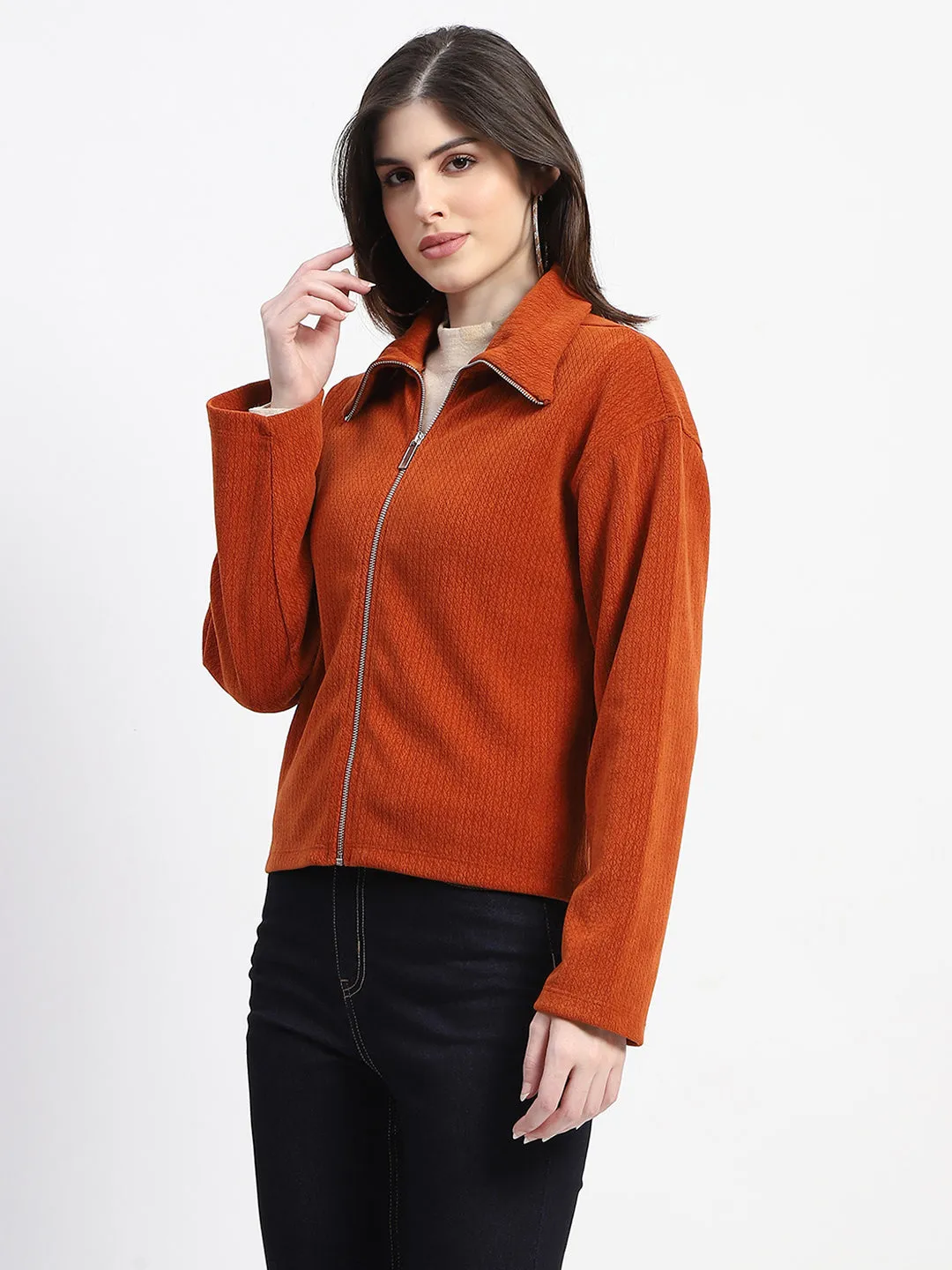 Madame Cotton Textured Rust Red Zipped Shacket