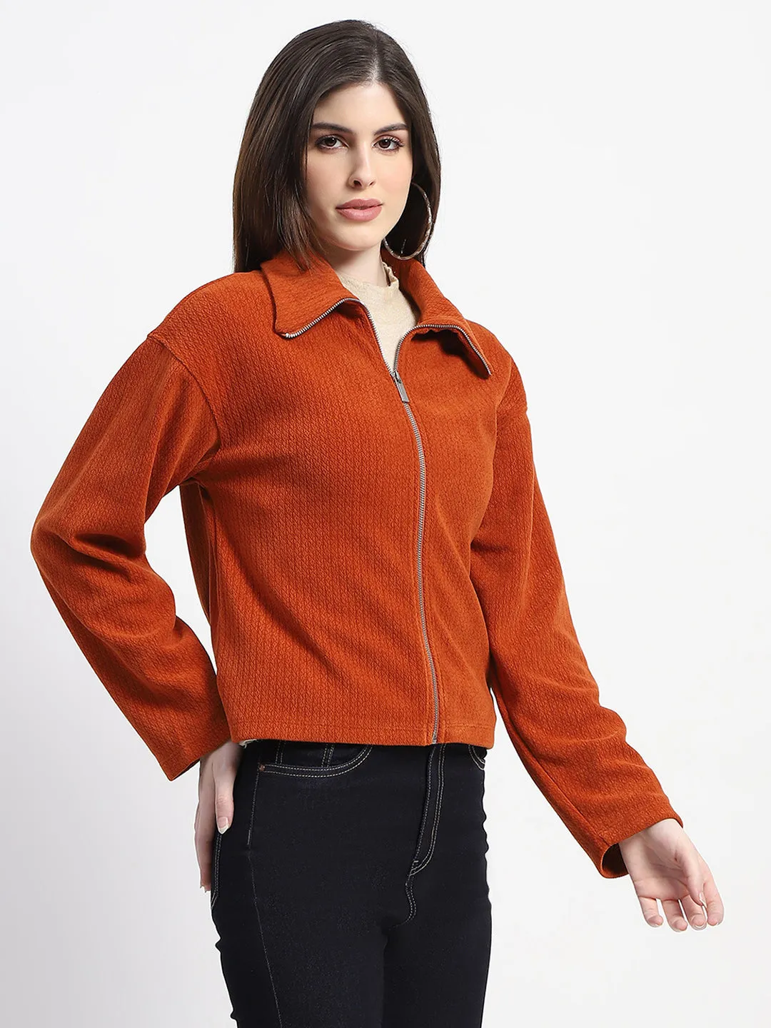 Madame Cotton Textured Rust Red Zipped Shacket