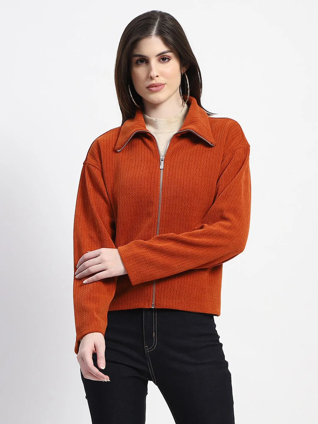 Madame Cotton Textured Rust Red Zipped Shacket