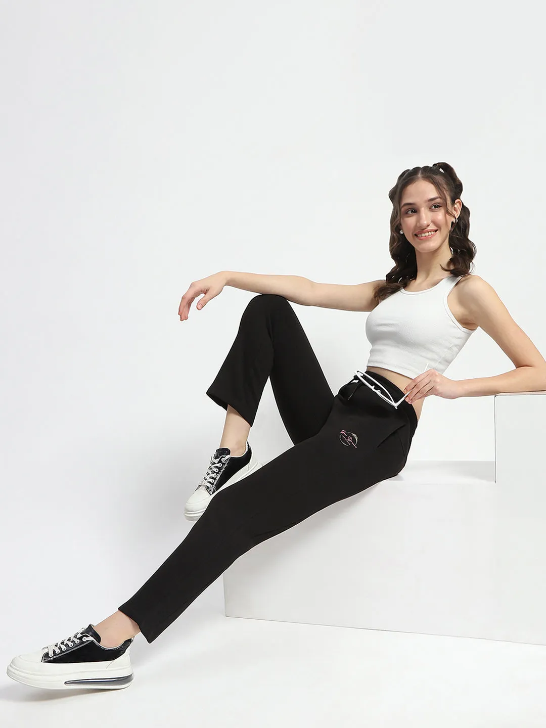 Madame Graphic Detailed Cotton Blend Black Track Bottoms