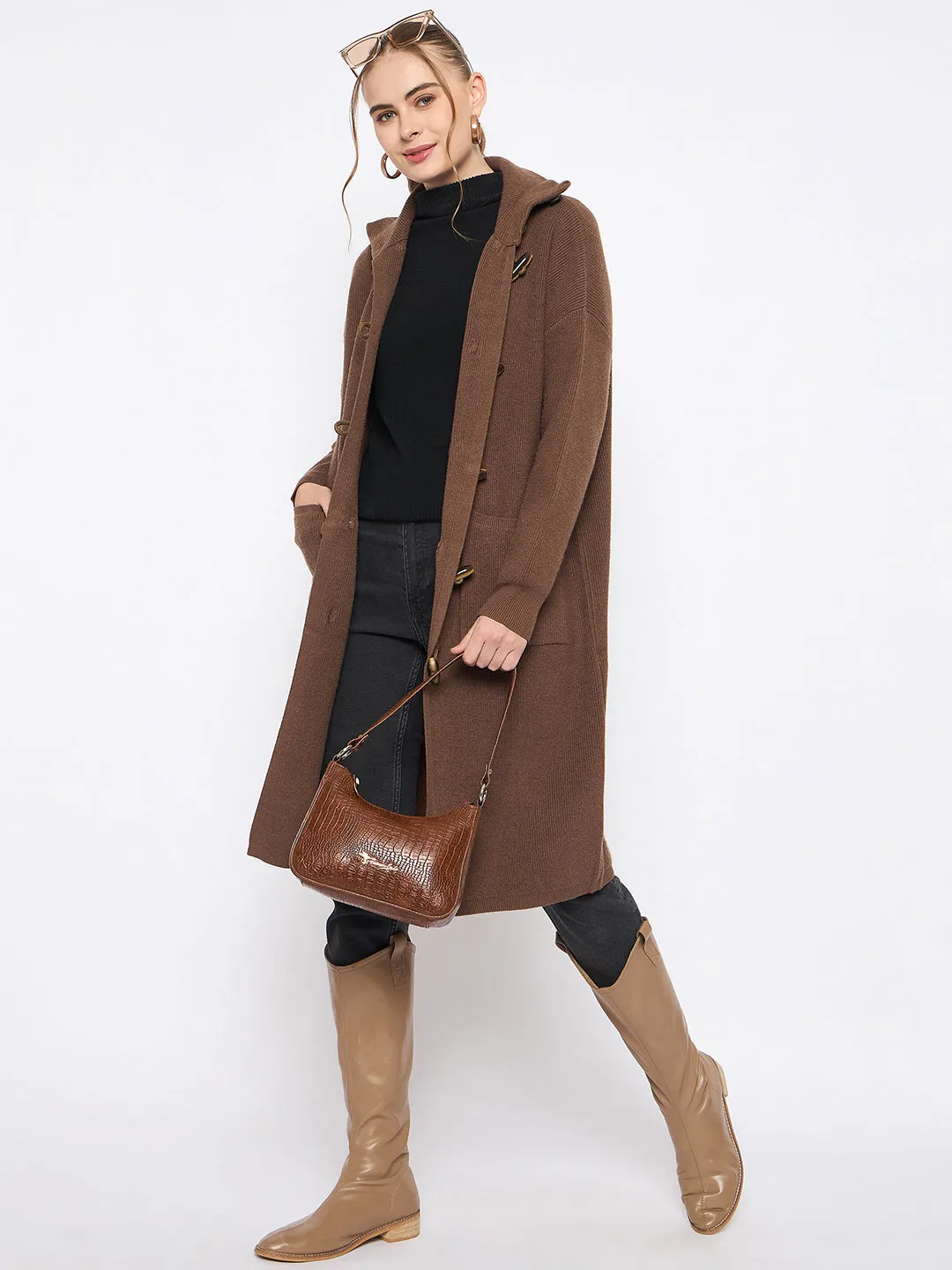 Madame Mock Neck Duffle Solid Brown Shrug