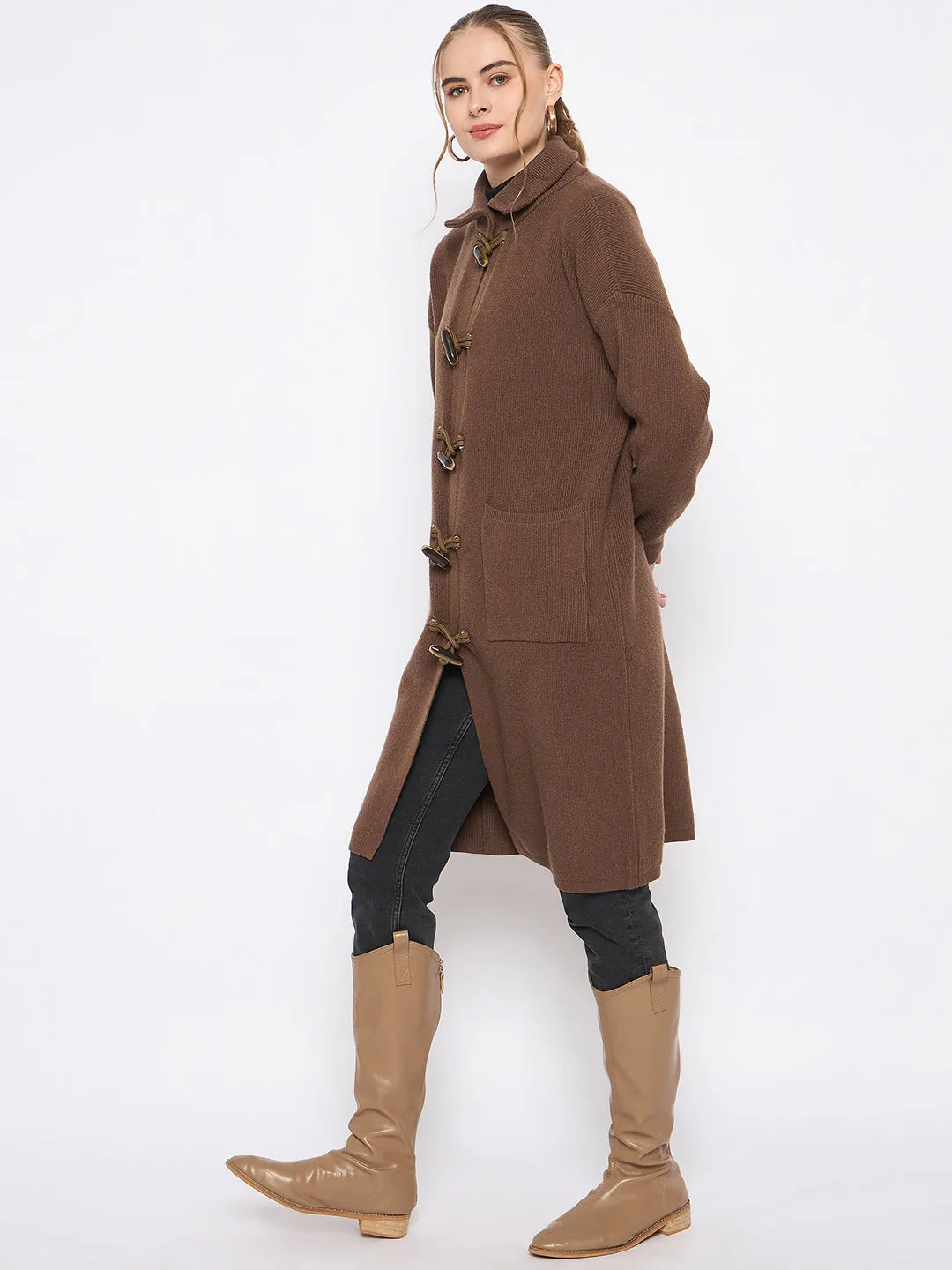 Madame Mock Neck Duffle Solid Brown Shrug